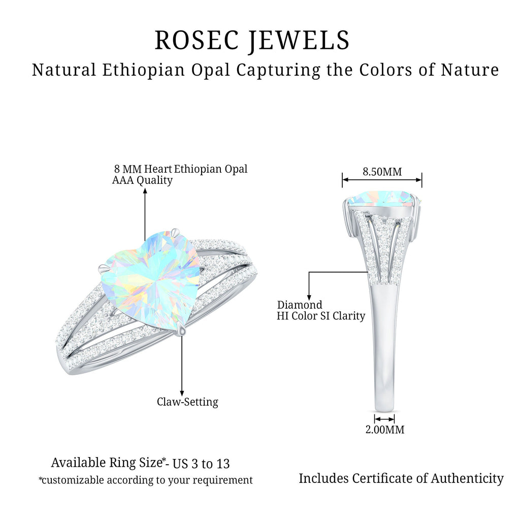 Designer Ethiopian Opal Heart Engagement Ring with Diamond Split Shank