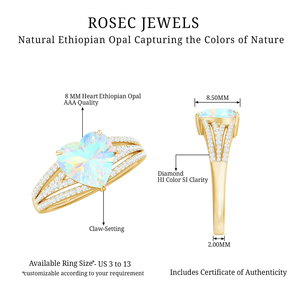 Designer Ethiopian Opal Heart Engagement Ring with Diamond Split Shank
