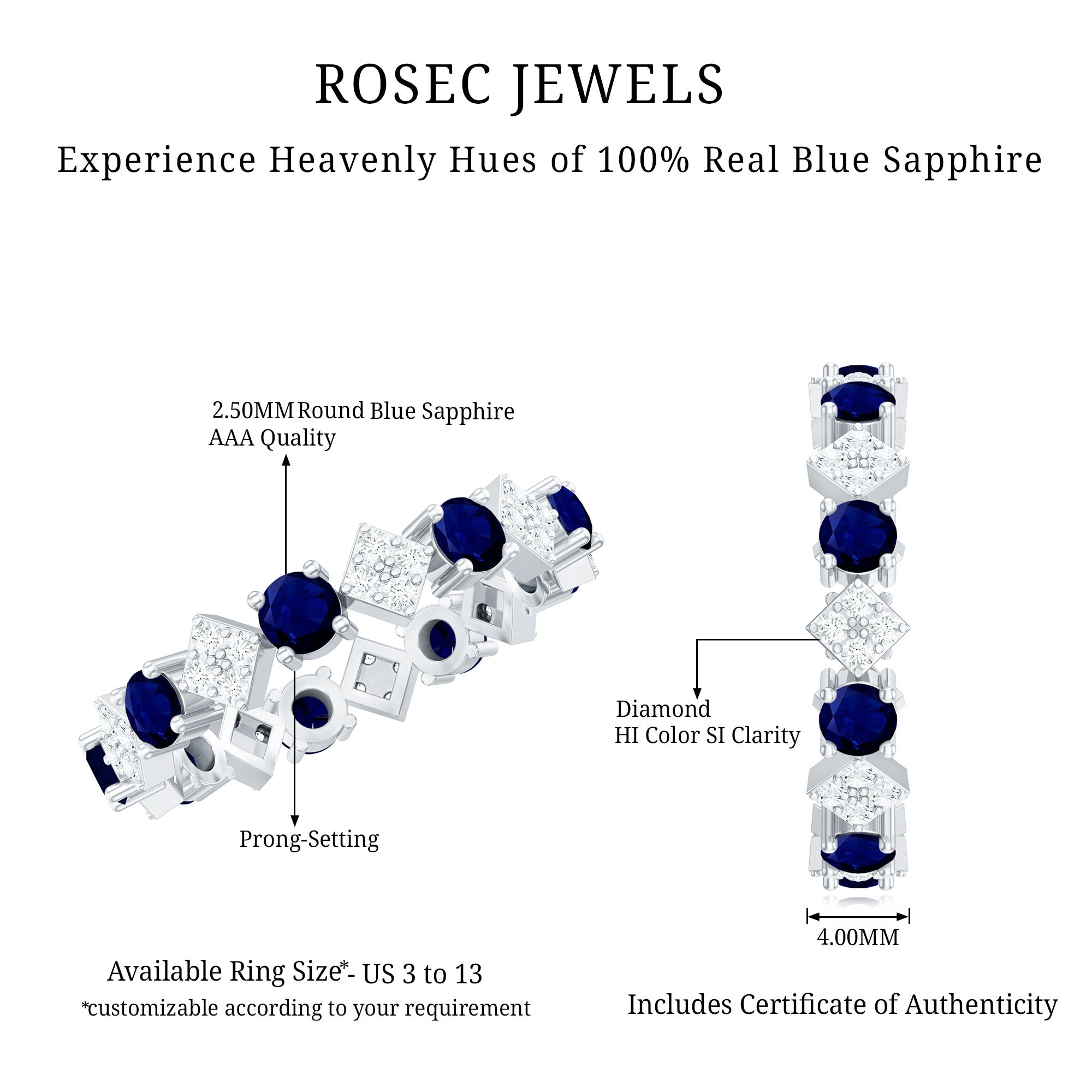 2 CT Natural Blue Sapphire and Diamond Eternity Band Ring