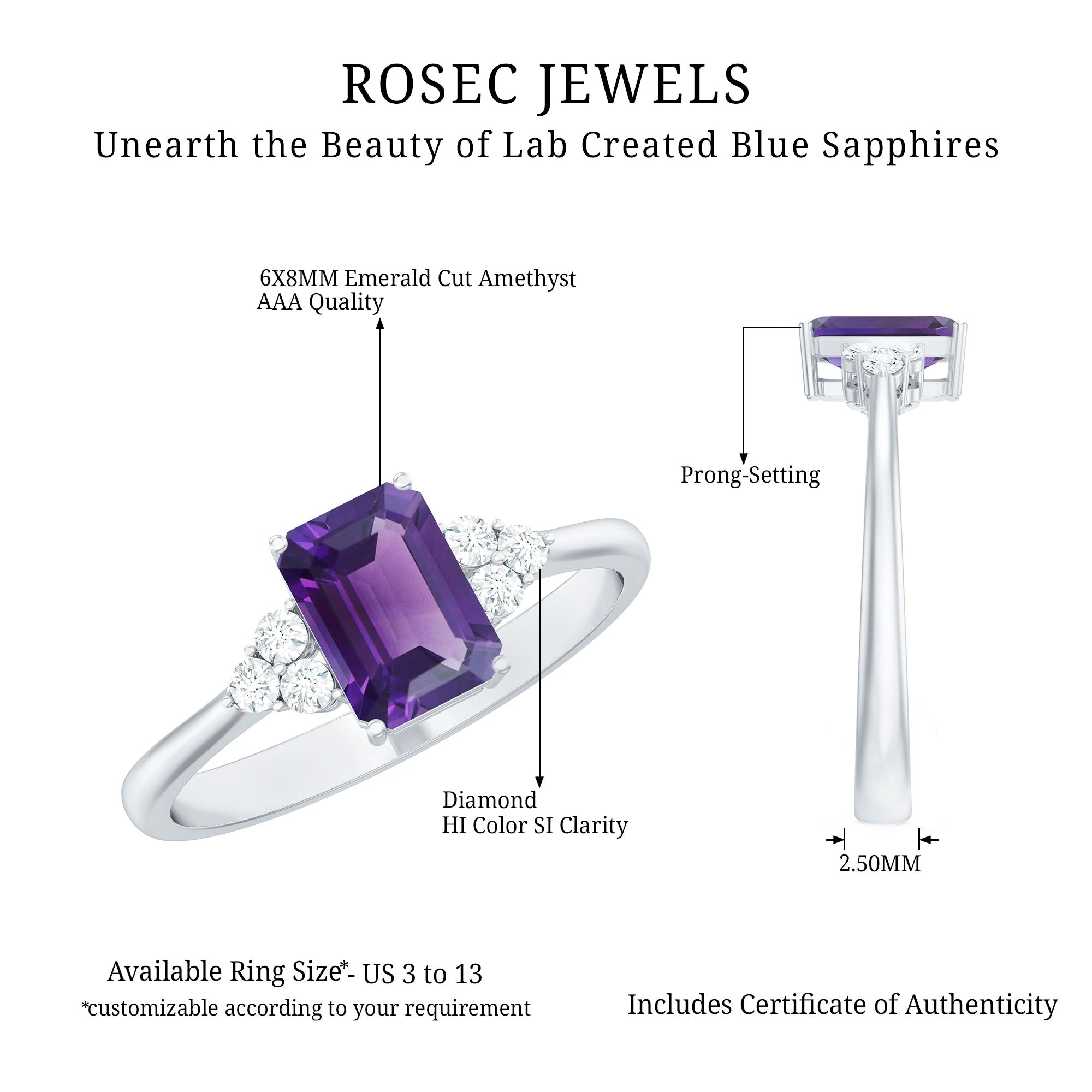 1.5 CT Octagon Cut Amethyst Engagement Ring with Diamond Trio