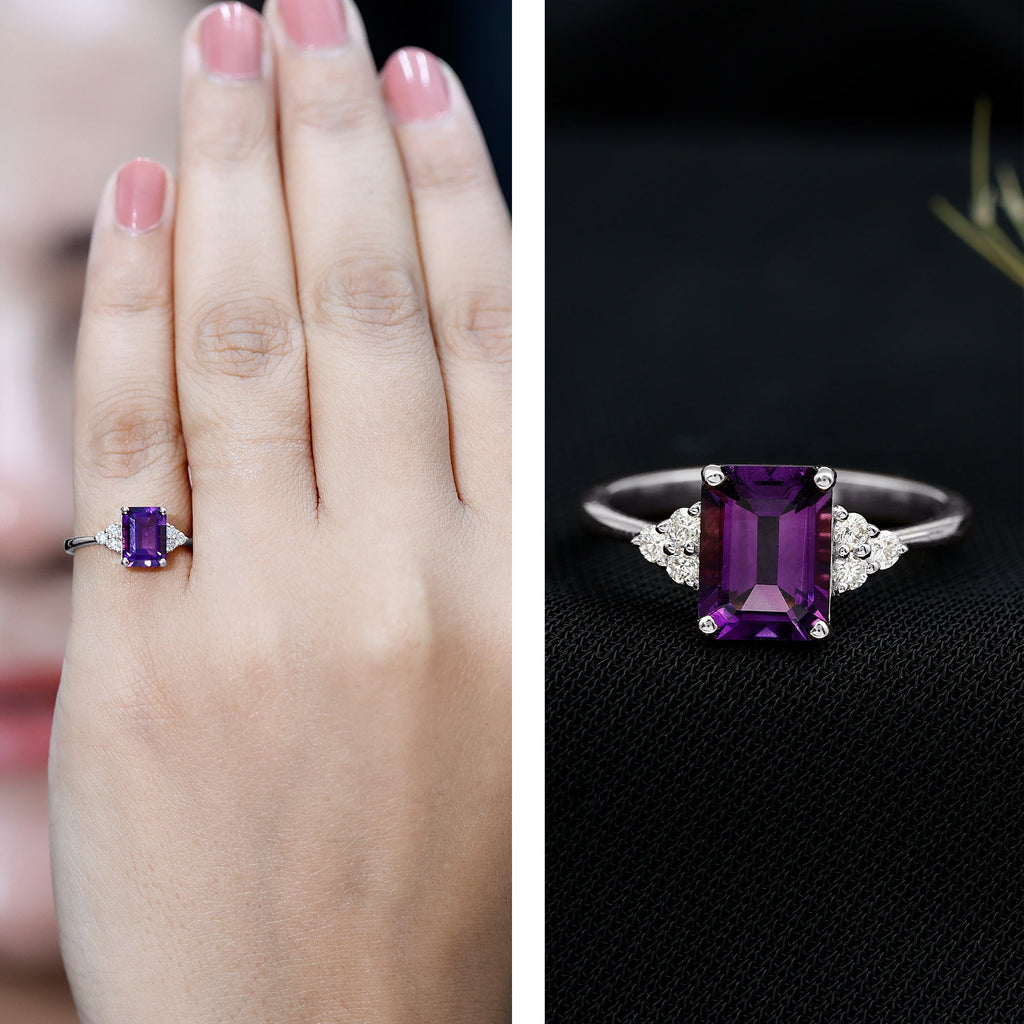 1.5 CT Octagon Cut Amethyst Engagement Ring with Diamond Trio