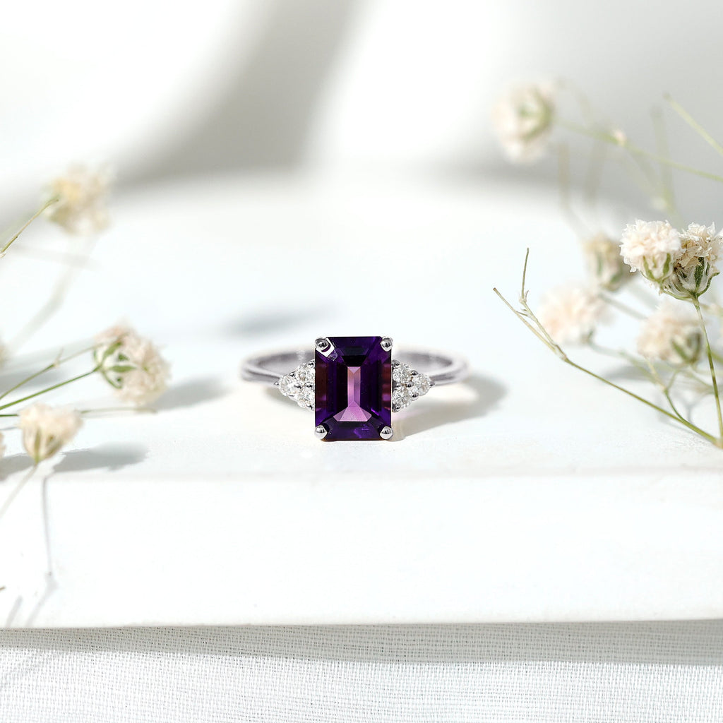 1.5 CT Octagon Cut Amethyst Engagement Ring with Diamond Trio