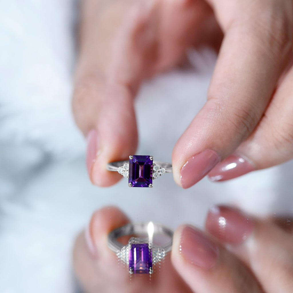 1.5 CT Octagon Cut Amethyst Engagement Ring with Diamond Trio
