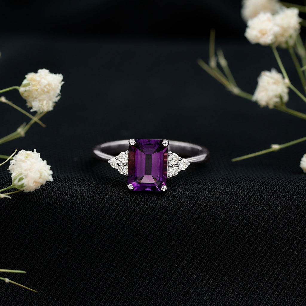 1.5 CT Octagon Cut Amethyst Engagement Ring with Diamond Trio