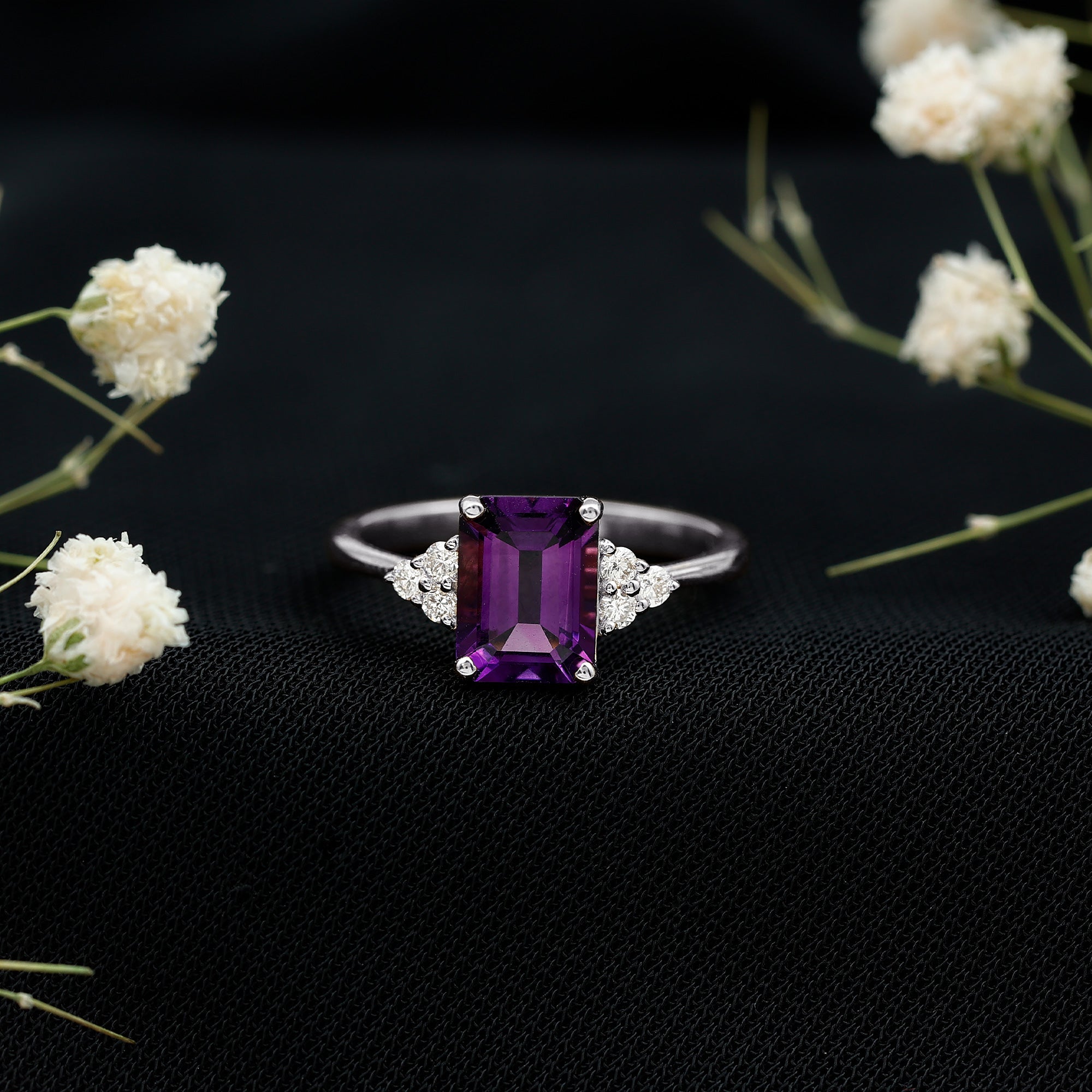 1.5 CT Octagon Cut Amethyst Engagement Ring with Diamond Trio