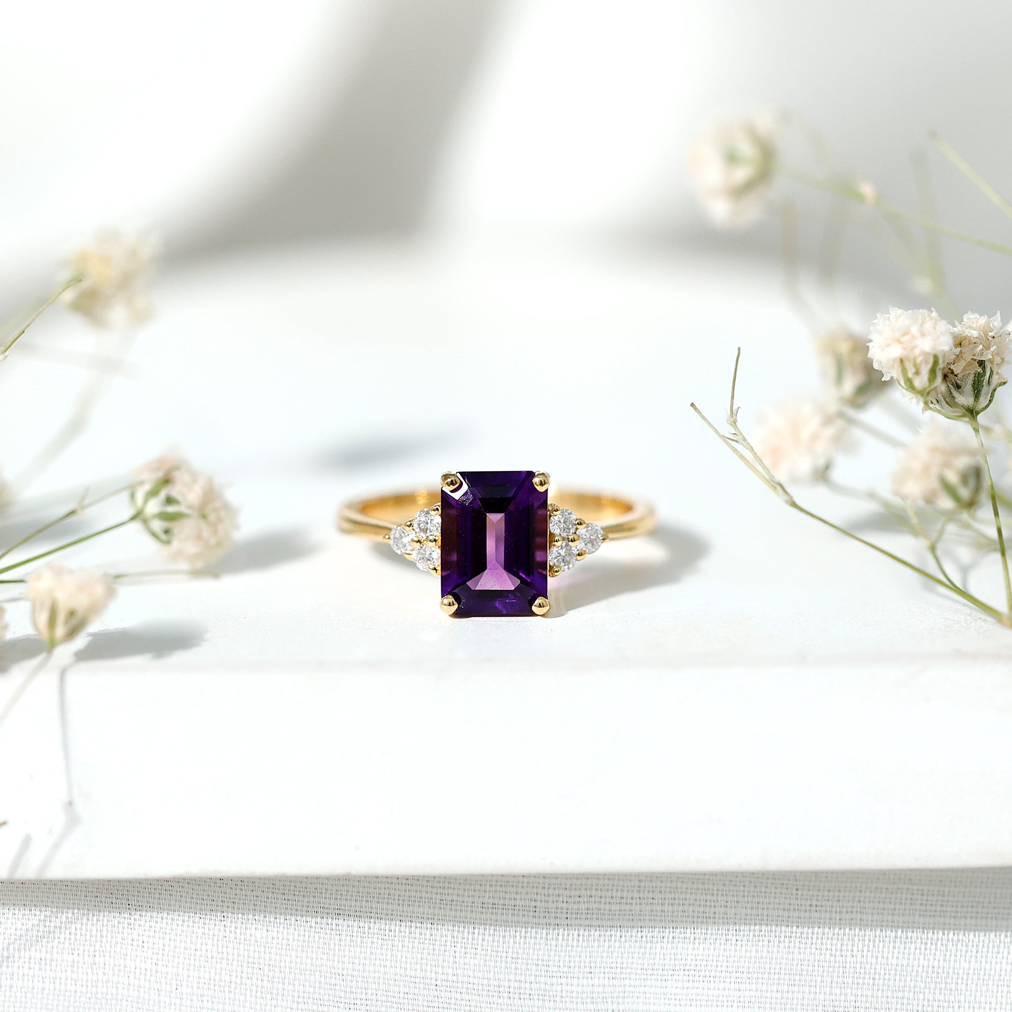 1.5 CT Octagon Cut Amethyst Engagement Ring with Diamond Trio