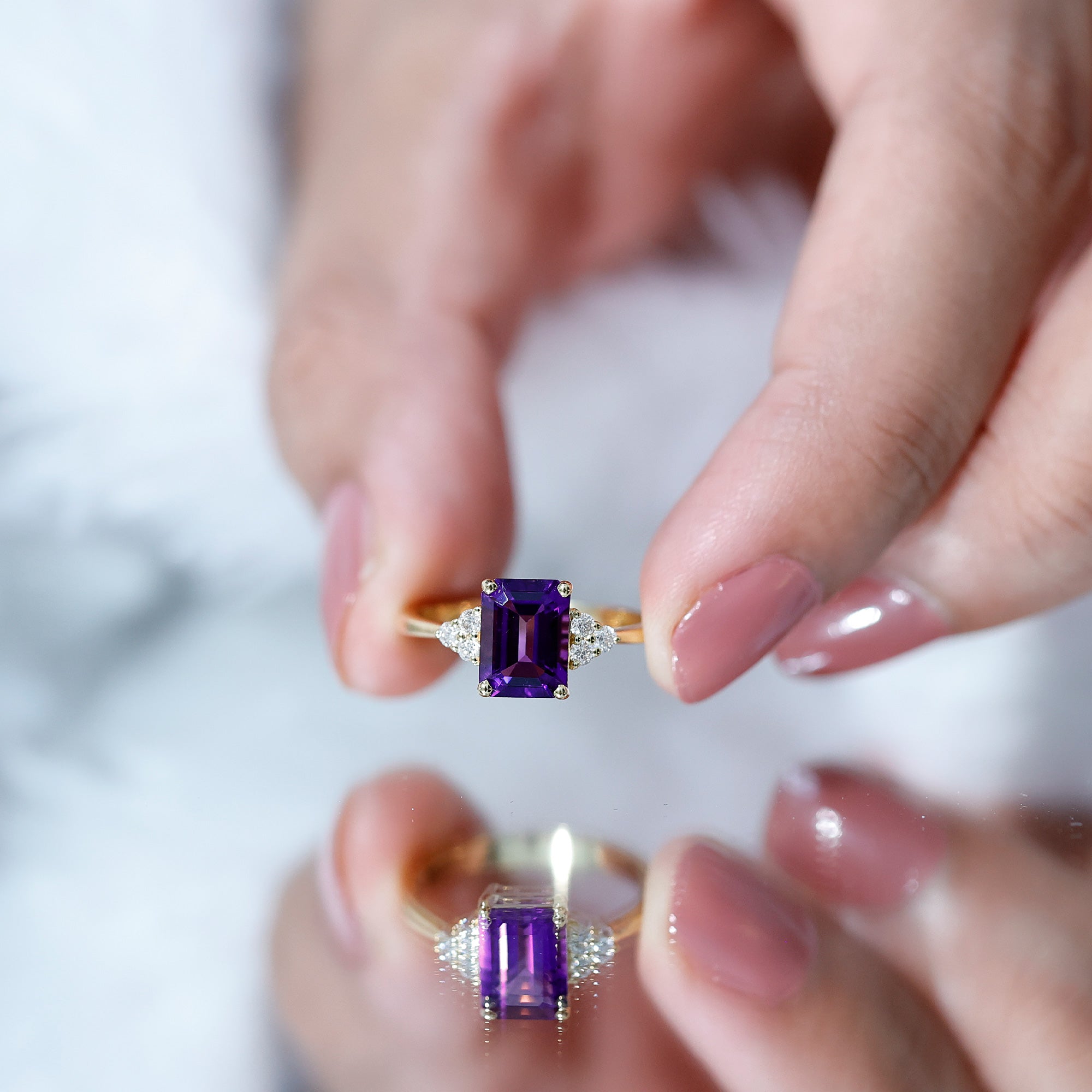 1.5 CT Octagon Cut Amethyst Engagement Ring with Diamond Trio