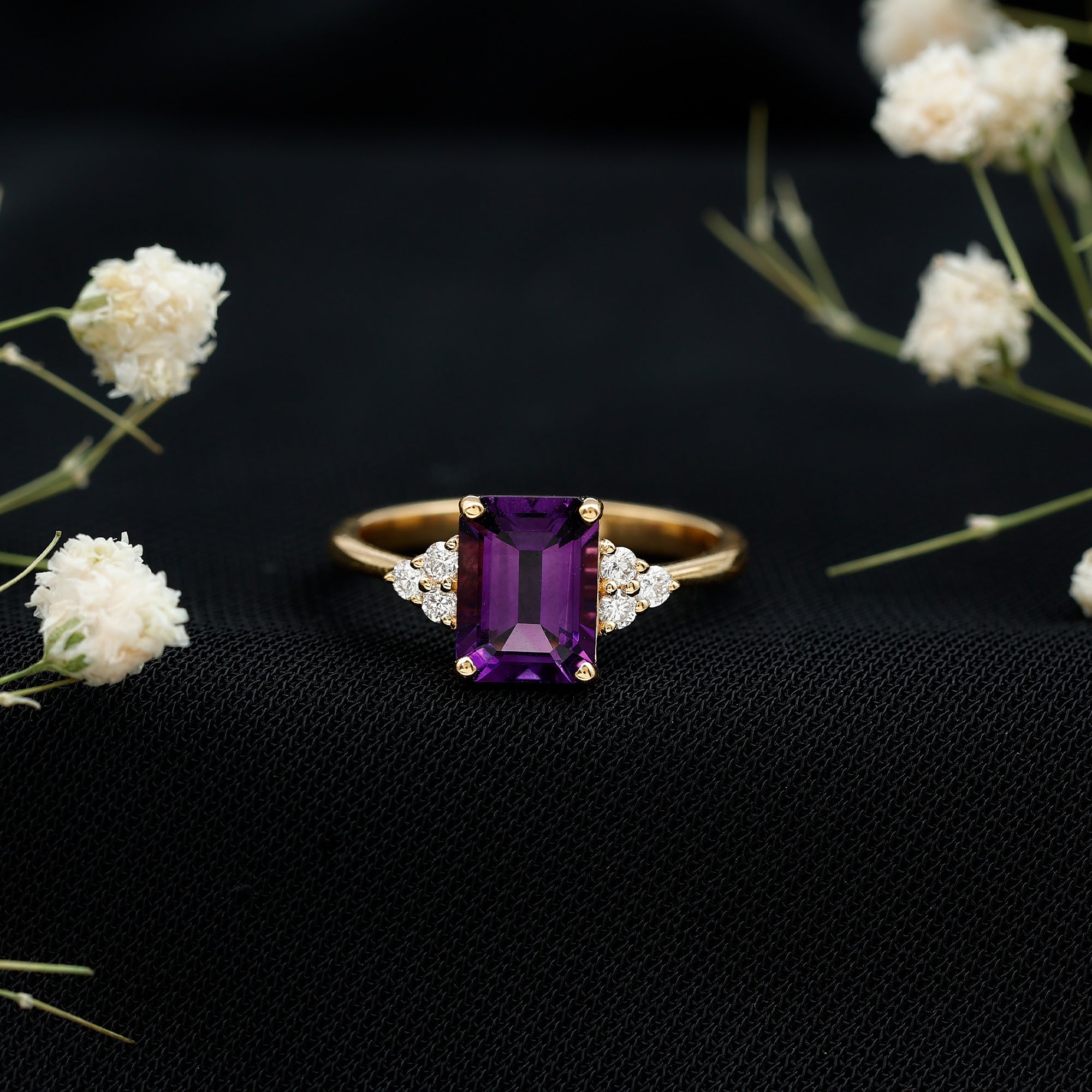 1.5 CT Octagon Cut Amethyst Engagement Ring with Diamond Trio