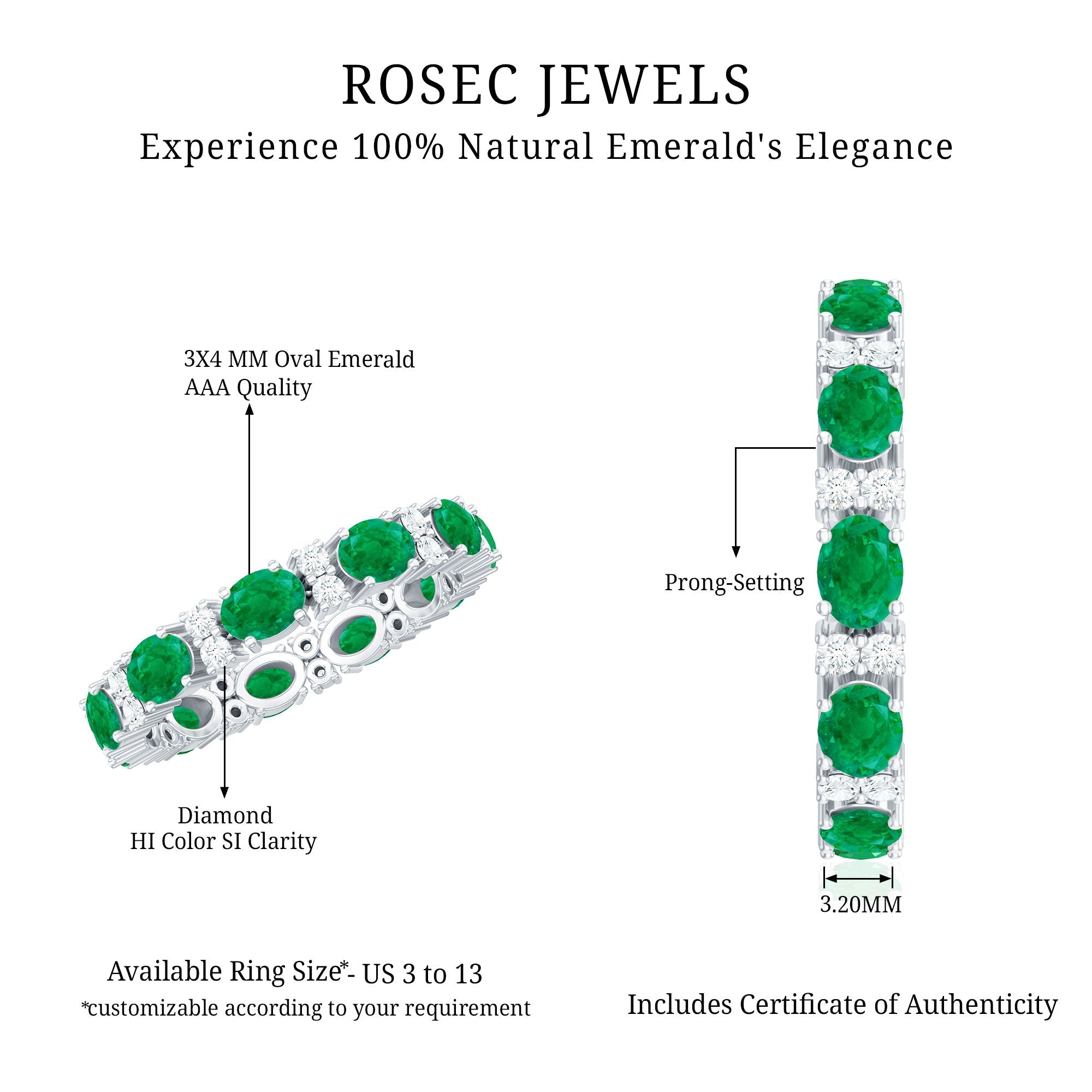 Oval Cut Real Emerald Eternity Band Ring with Diamond