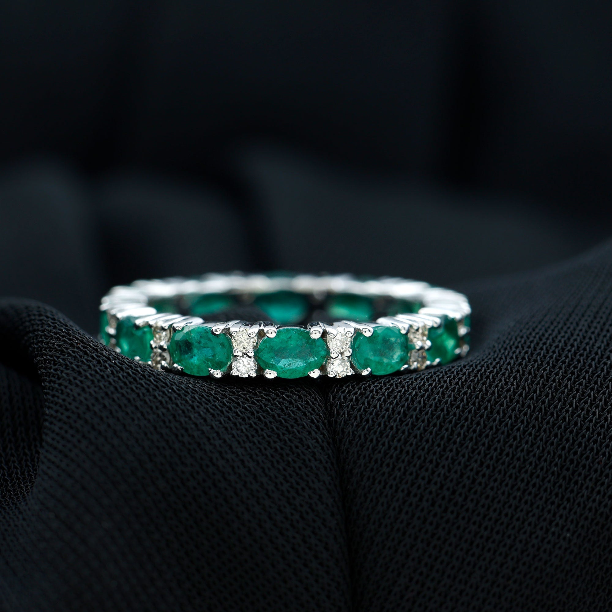 Oval Cut Real Emerald Eternity Band Ring with Diamond
