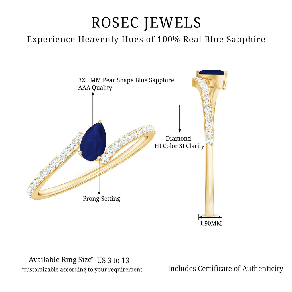 Tilted Pear Cut Blue Sapphire Solitaire Bypass Ring with Diamond
