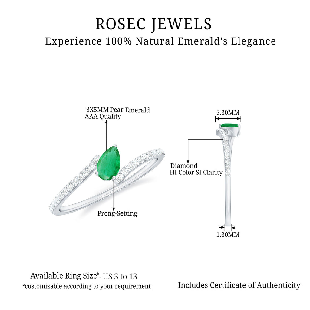 Pear Shaped Emerald and Diamond Promise Ring in Bypass Shank