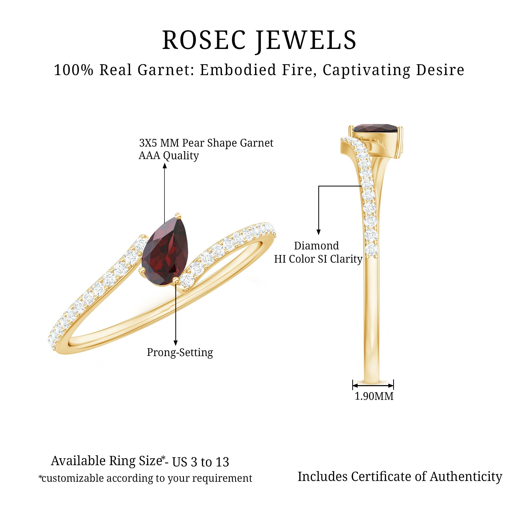 Real Pear Shape Garnet Promise Ring with Diamond Bypass Shank