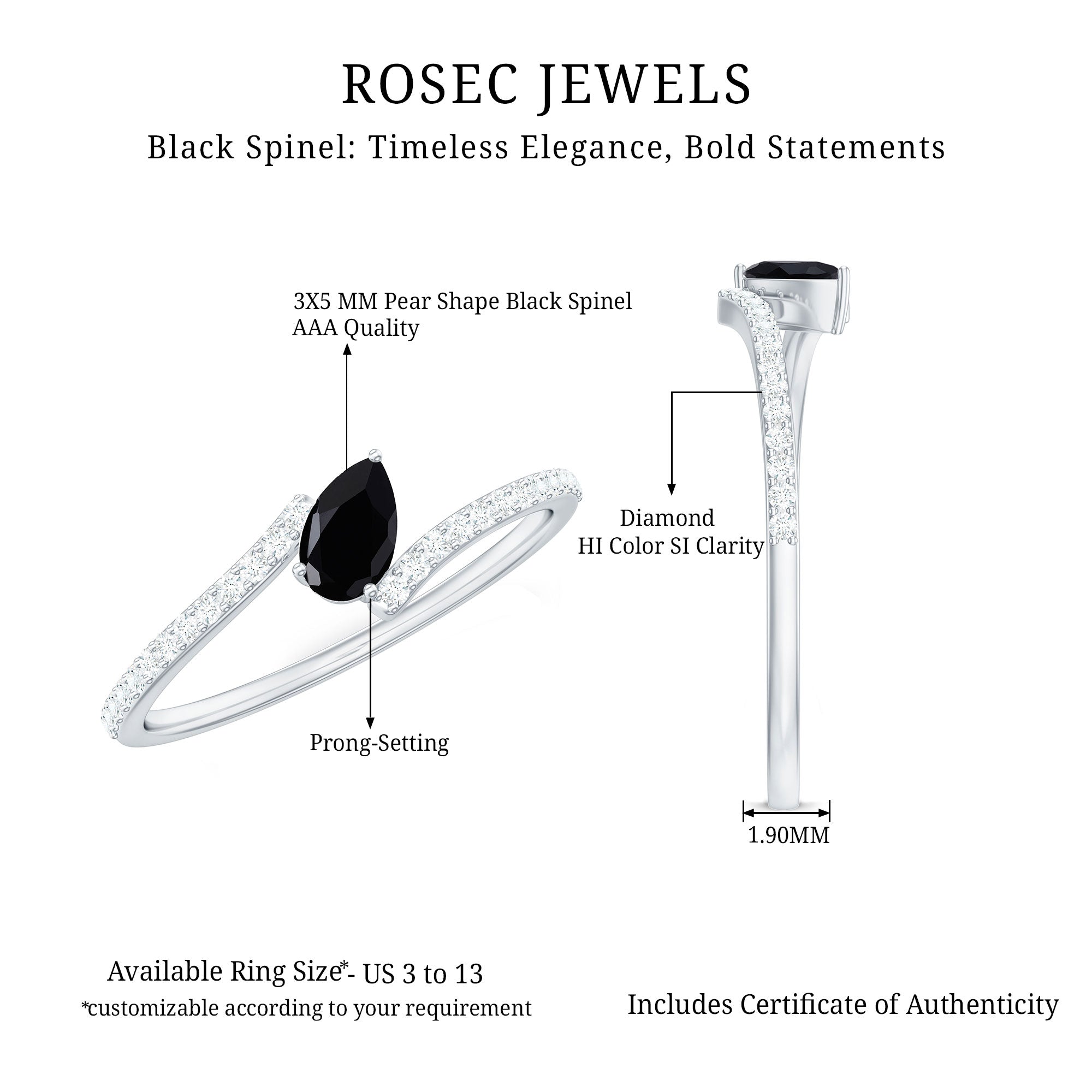 Real Black Spinel Promise Ring with Diamond Bypass Shank