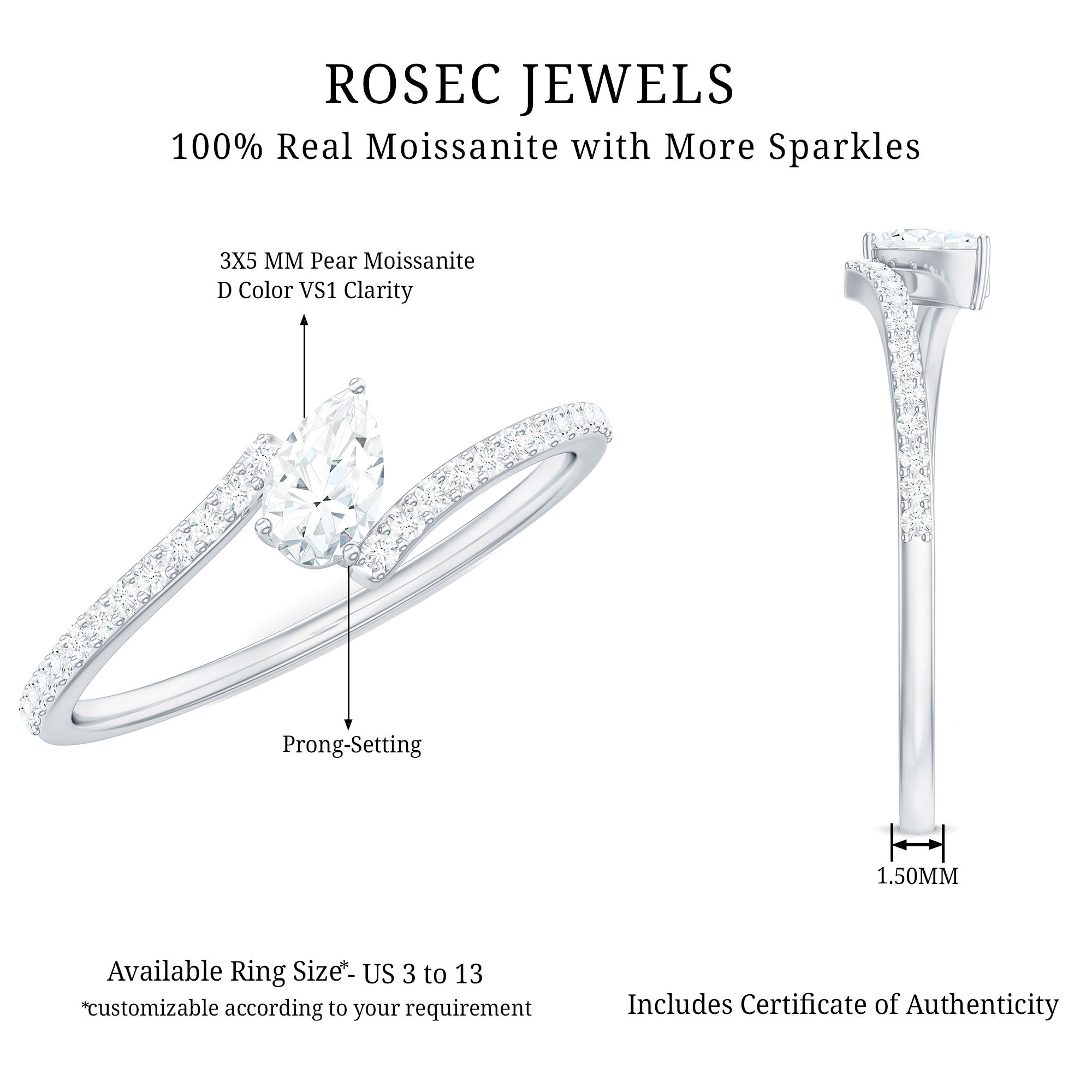 Pear Shaped Moissanite Bypass Promise Ring for Her