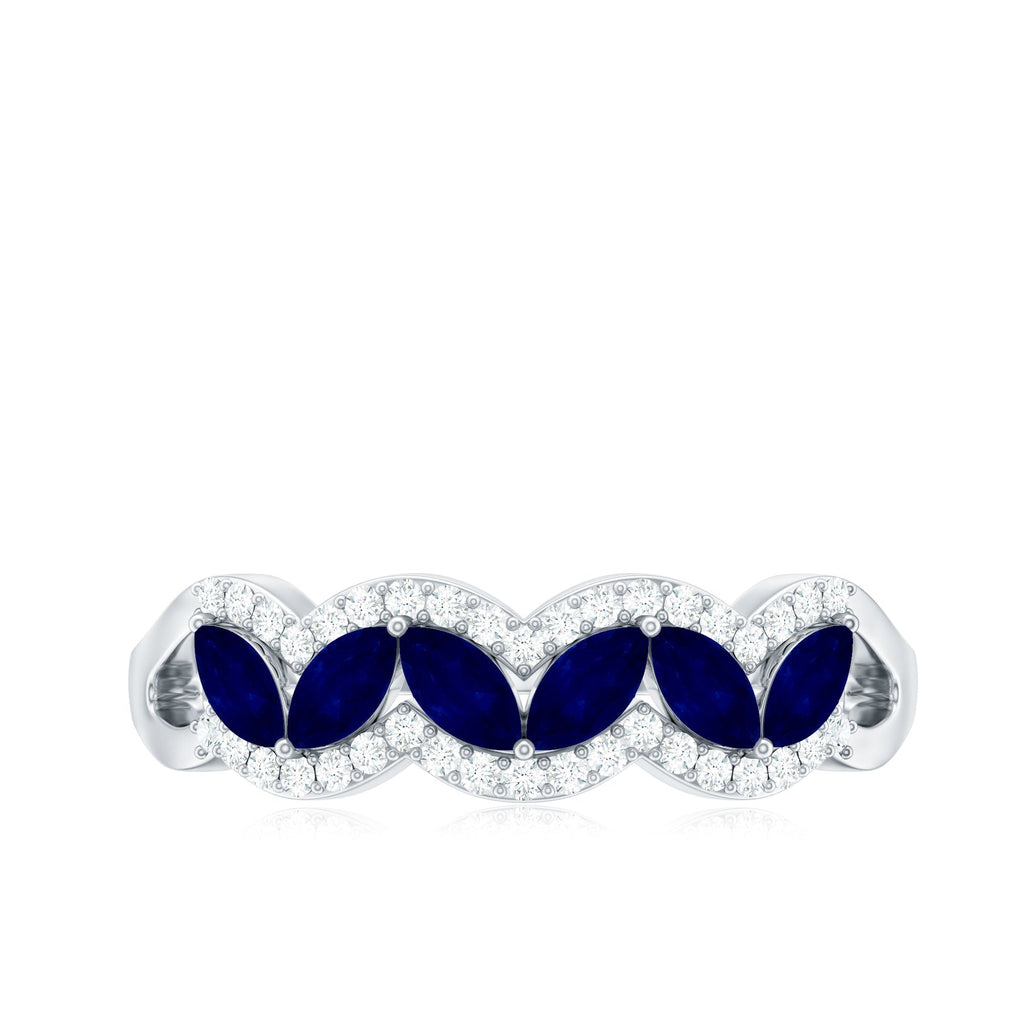 1 CT Minimal Marquise Cut Blue Sapphire Anniversary Ring with Diamond Accent