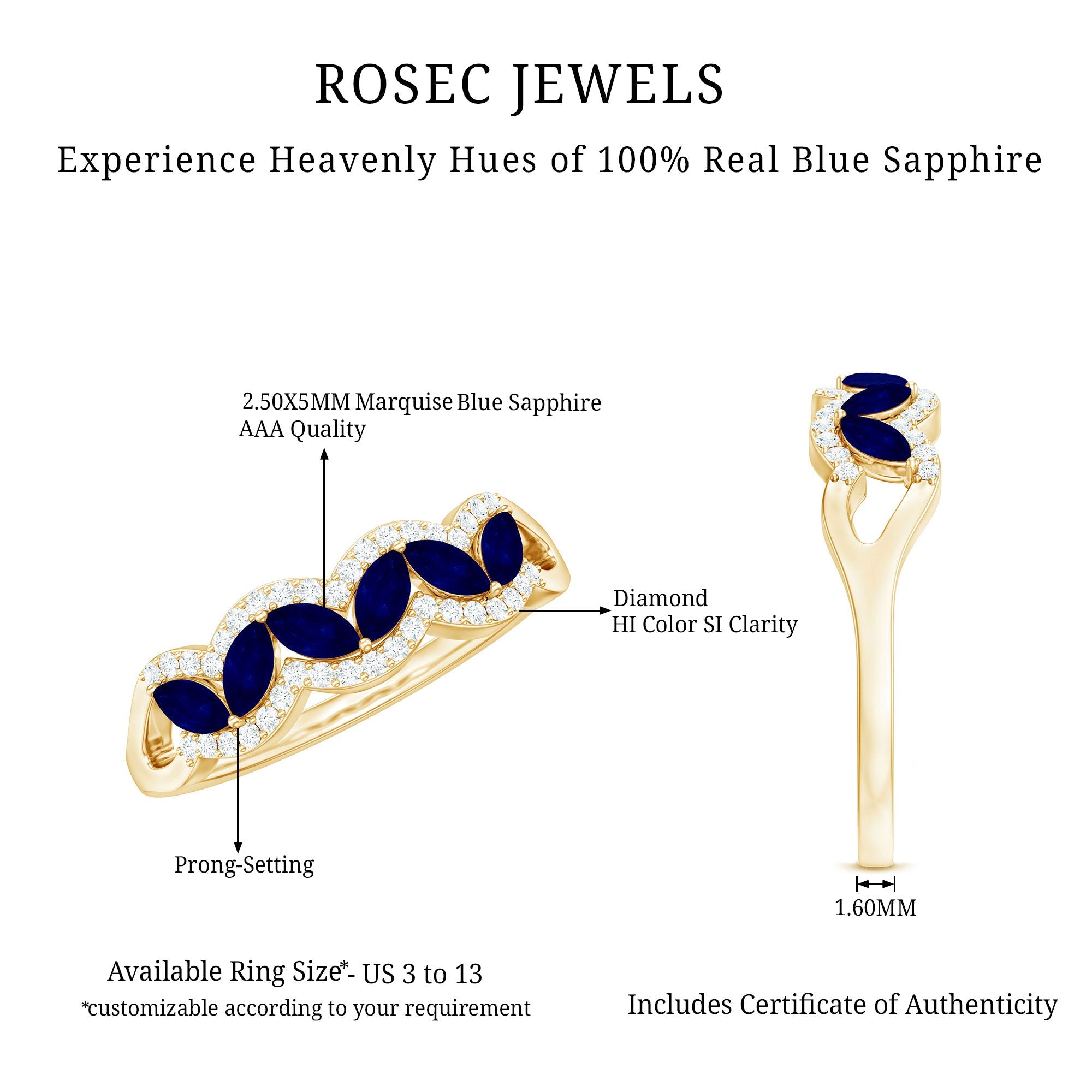 1 CT Minimal Marquise Cut Blue Sapphire Anniversary Ring with Diamond Accent