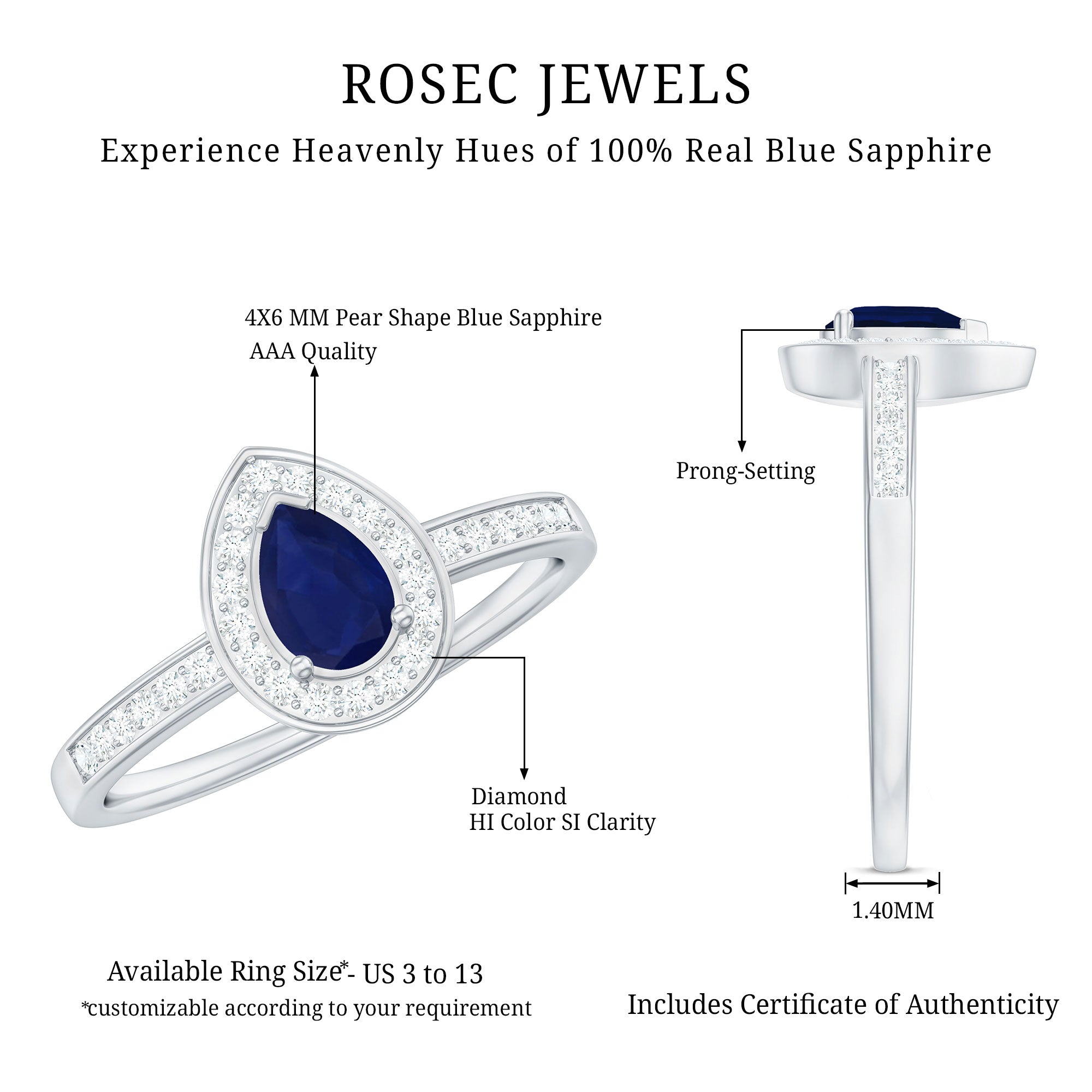 1 CT Teardrop Blue Sapphire Engagement Ring with Diamond Halo