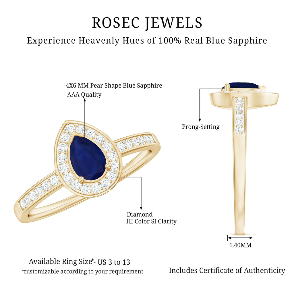 1 CT Teardrop Blue Sapphire Engagement Ring with Diamond Halo