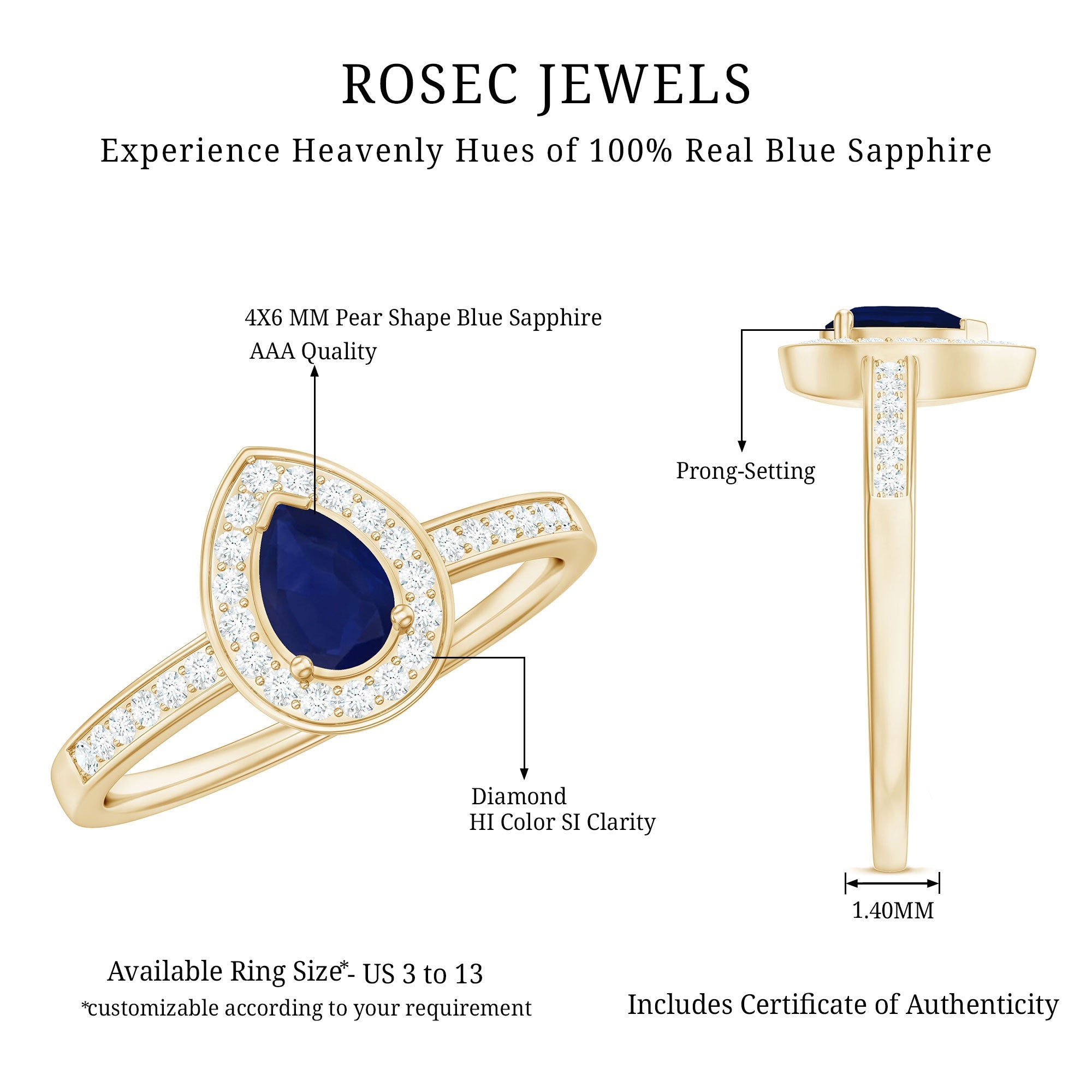 1 CT Teardrop Blue Sapphire Engagement Ring with Diamond Halo