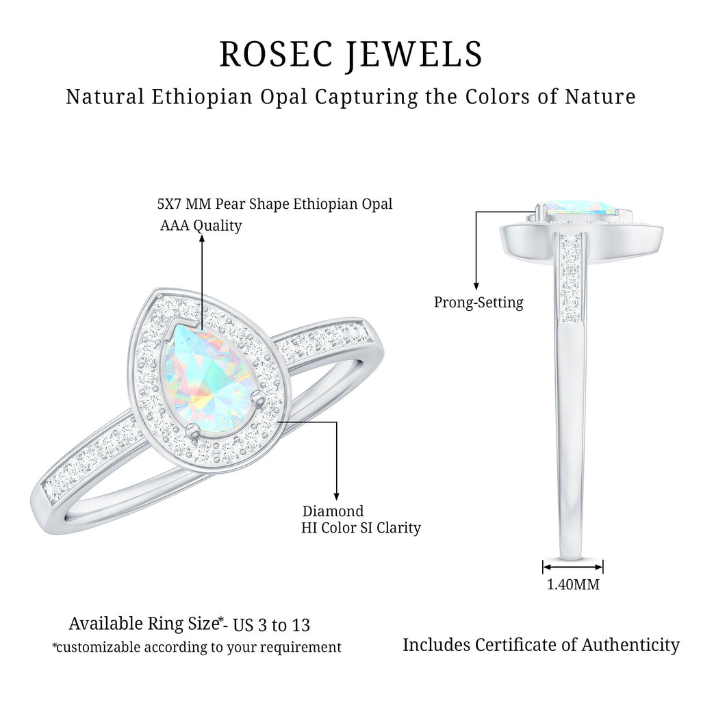 Natural 5X7mm Opalescent Teardrop Engagement Ring with Diamond Halo