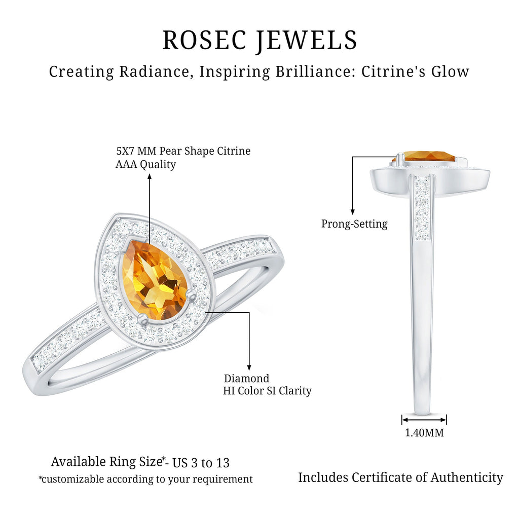 Natural 5X7mm Pear Shape Citrine Engagement Ring with Diamond Halo