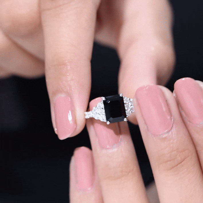 Certified 6X8MM Emerald Cut Black Onyx Engagement Ring with Diamonds