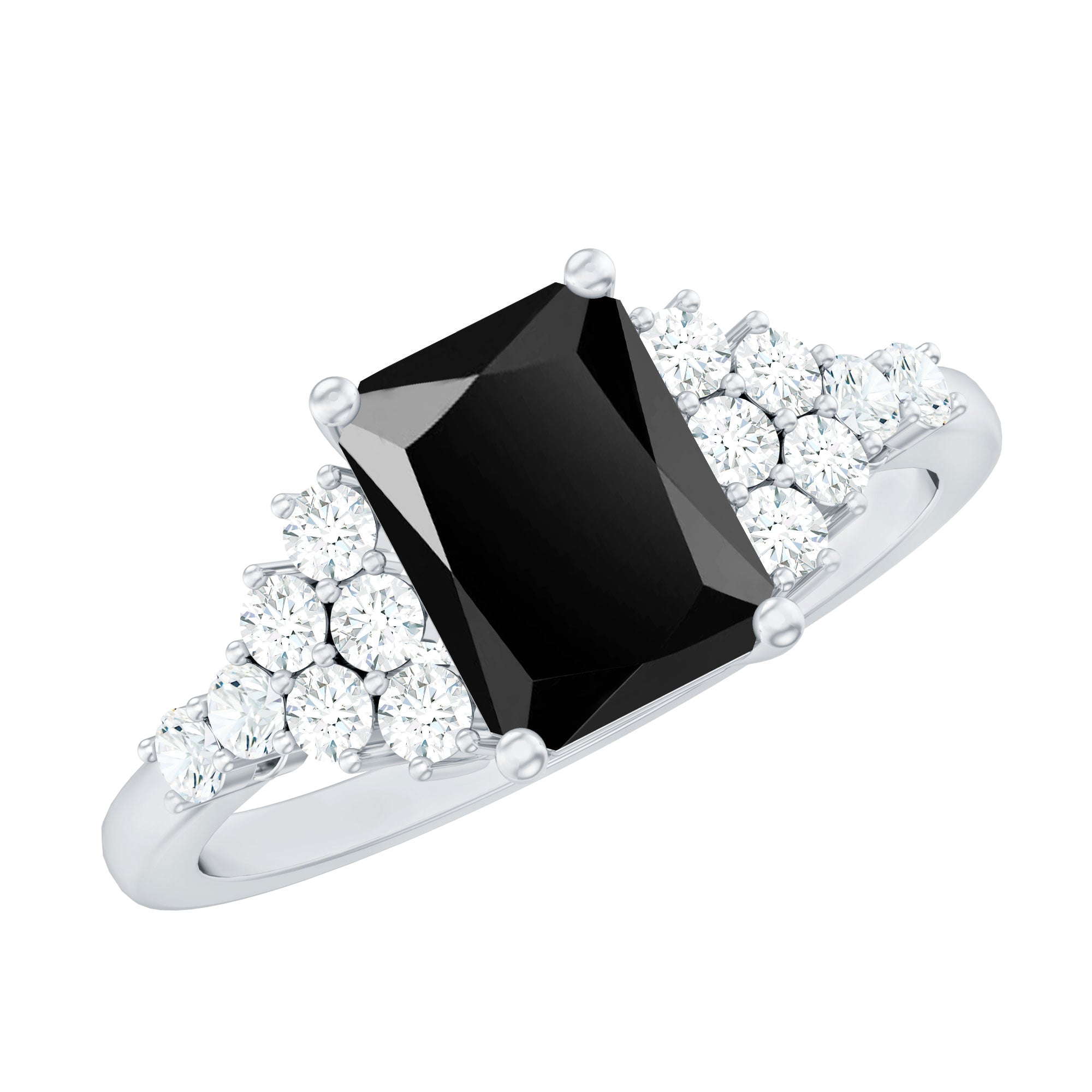 Certified 6X8MM Emerald Cut Black Onyx Engagement Ring with Diamonds