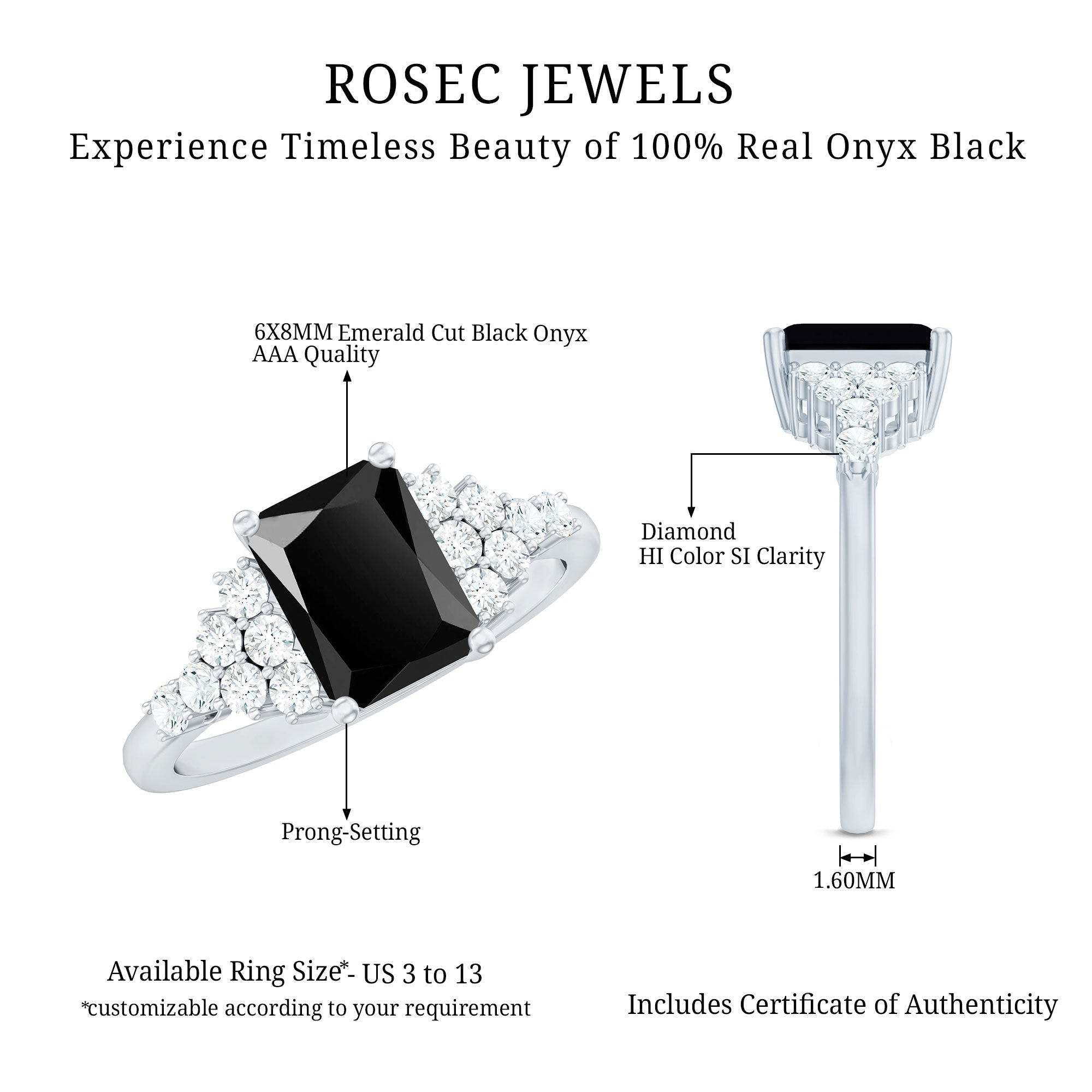Certified 6X8MM Emerald Cut Black Onyx Engagement Ring with Diamonds