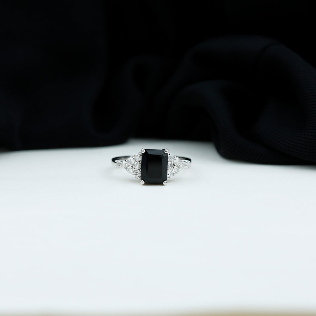 Certified 6X8MM Emerald Cut Black Onyx Engagement Ring with Diamonds