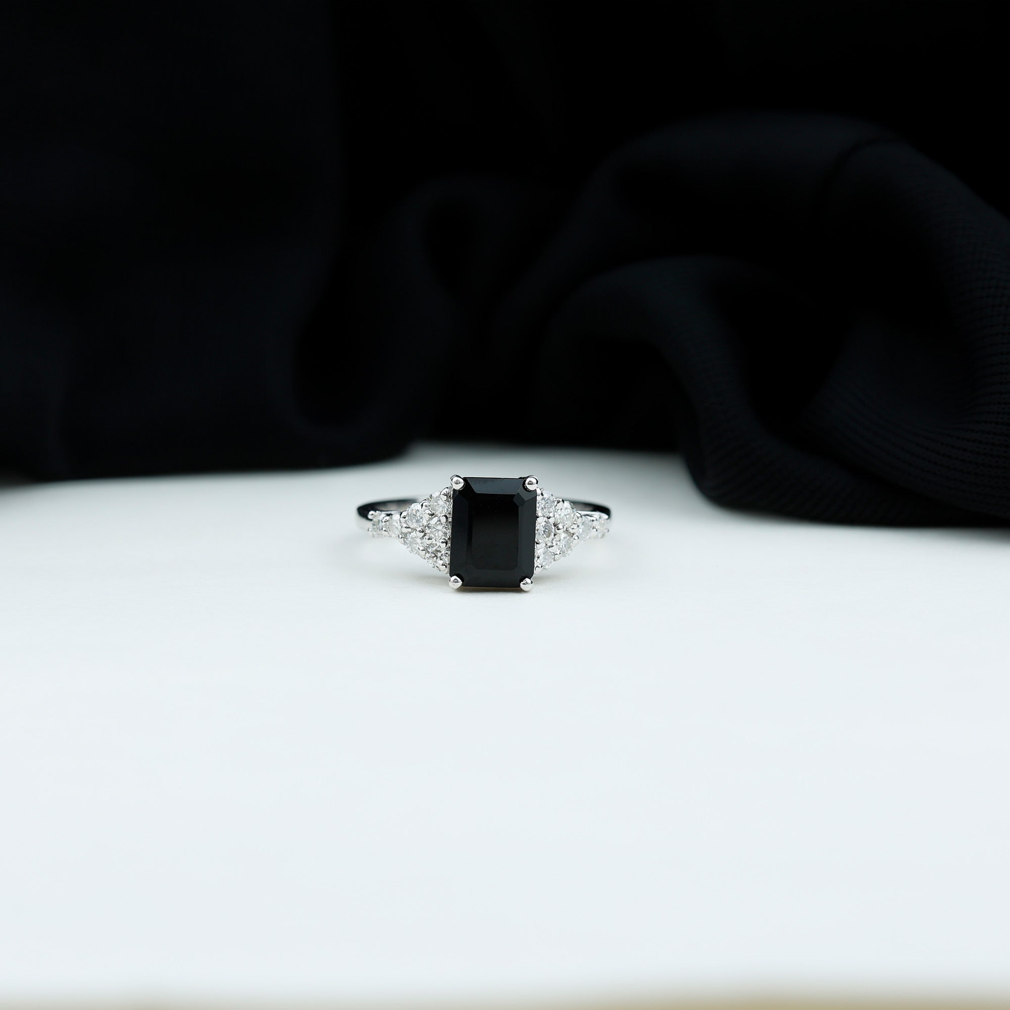 Certified 6X8MM Emerald Cut Black Onyx Engagement Ring with Diamonds