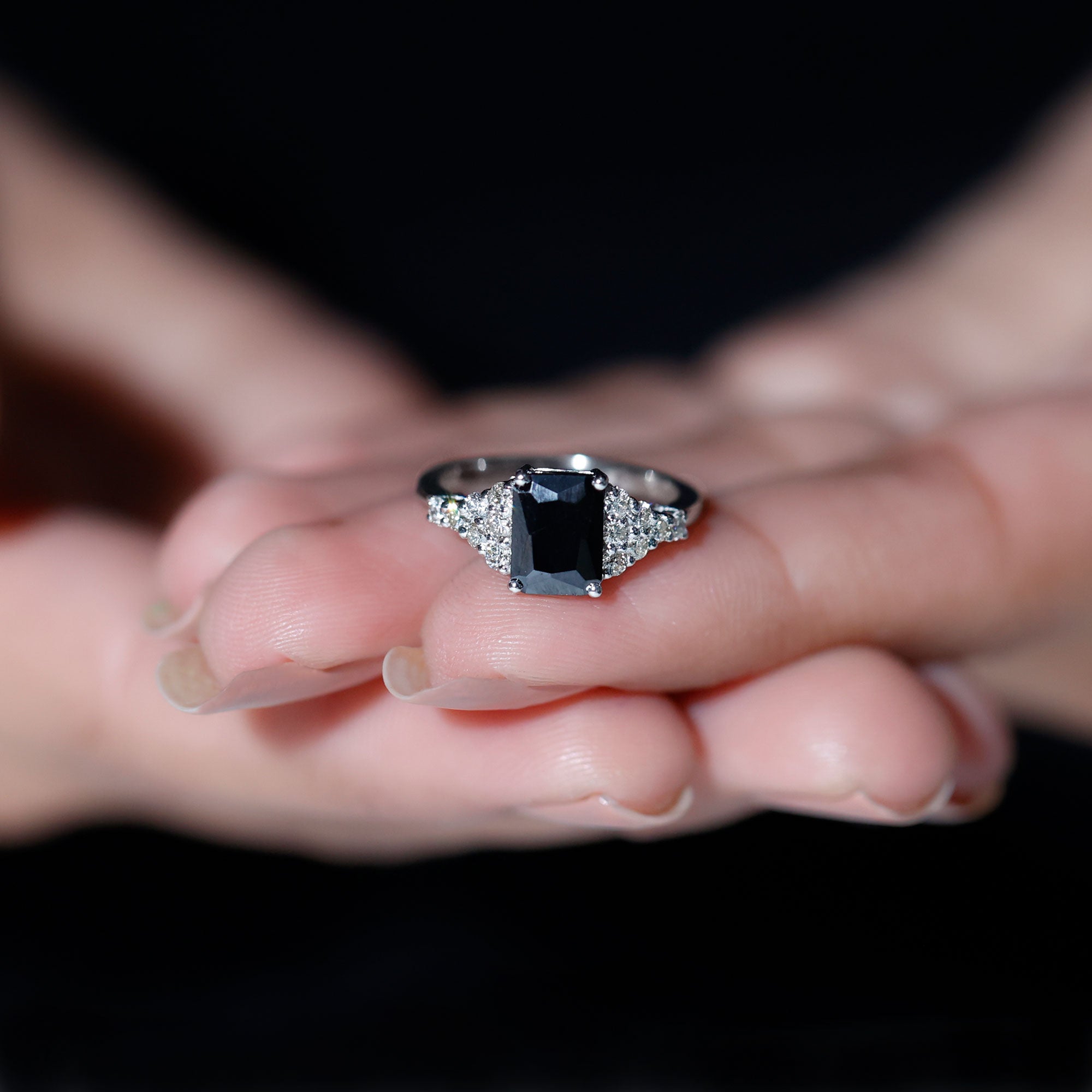 Certified 6X8MM Emerald Cut Black Onyx Engagement Ring with Diamonds