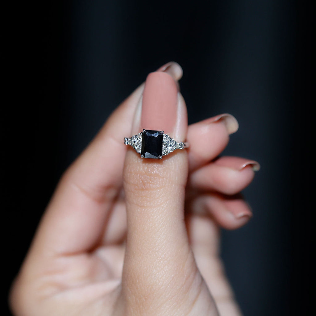 Certified 6X8MM Emerald Cut Black Onyx Engagement Ring with Diamonds