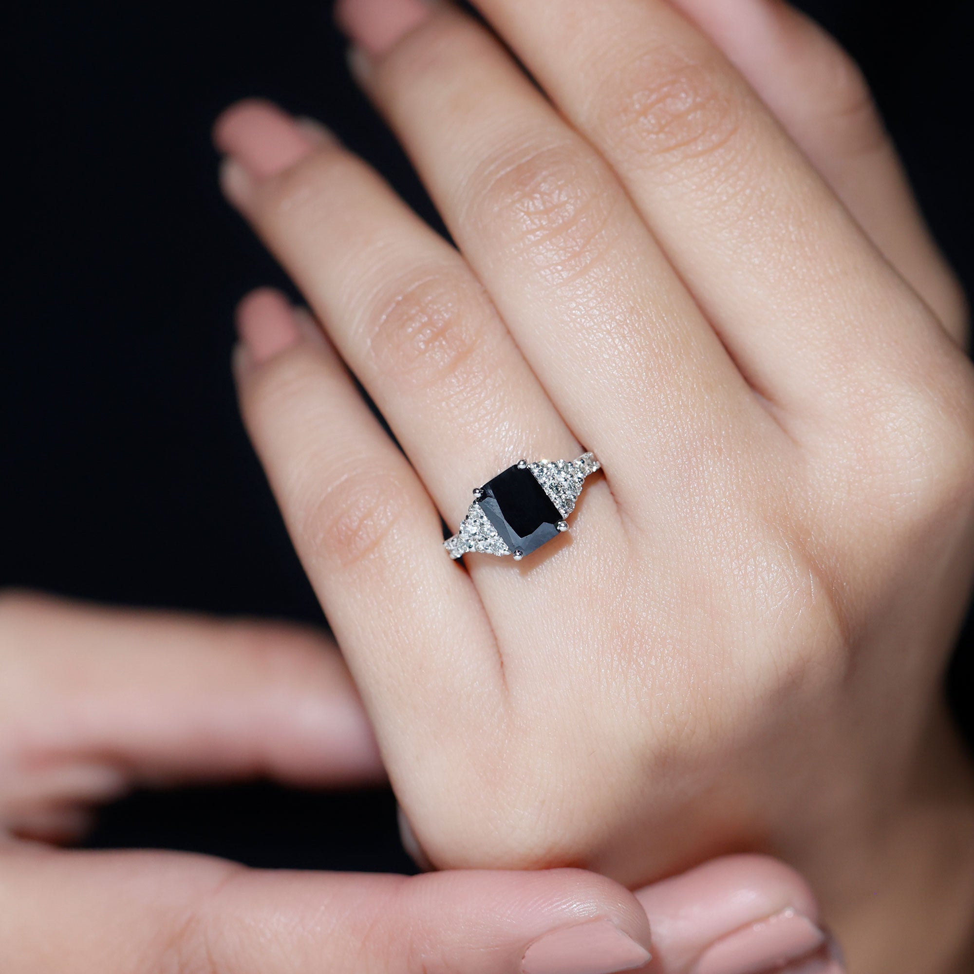 Certified 6X8MM Emerald Cut Black Onyx Engagement Ring with Diamonds