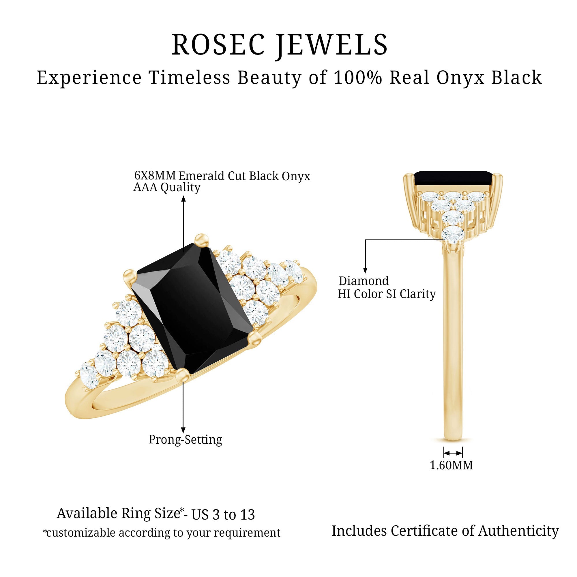 Certified 6X8MM Emerald Cut Black Onyx Engagement Ring with Diamonds