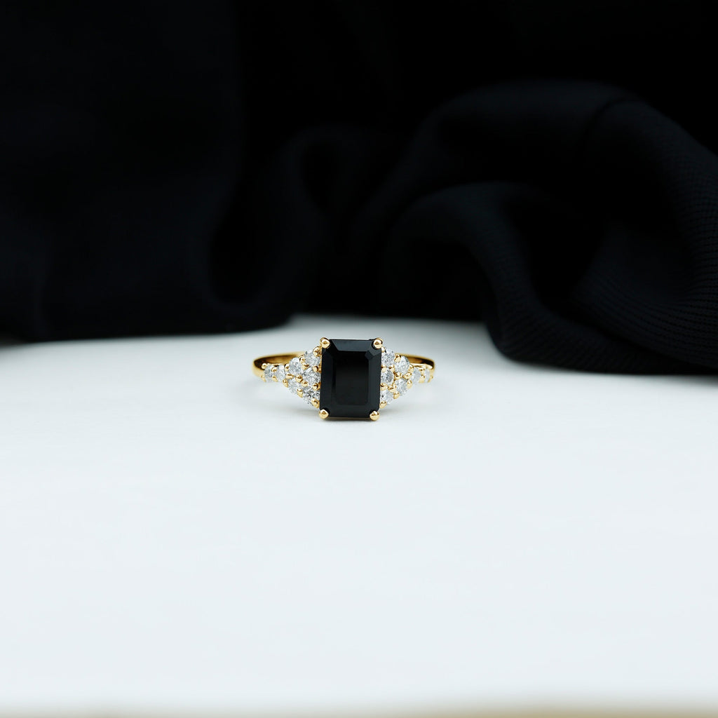 Certified 6X8MM Emerald Cut Black Onyx Engagement Ring with Diamonds