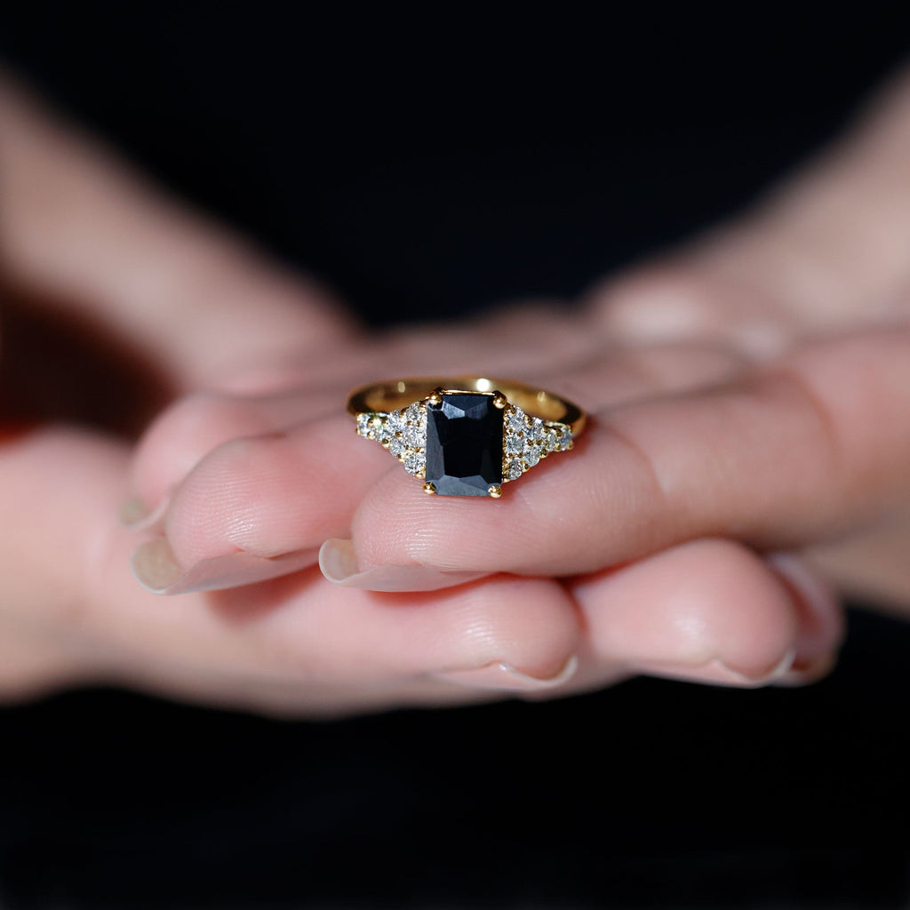 Certified 6X8MM Emerald Cut Black Onyx Engagement Ring with Diamonds