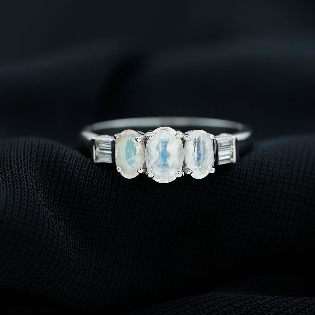 1 Carat Oval Moonstone Three Stone Anniversary Ring