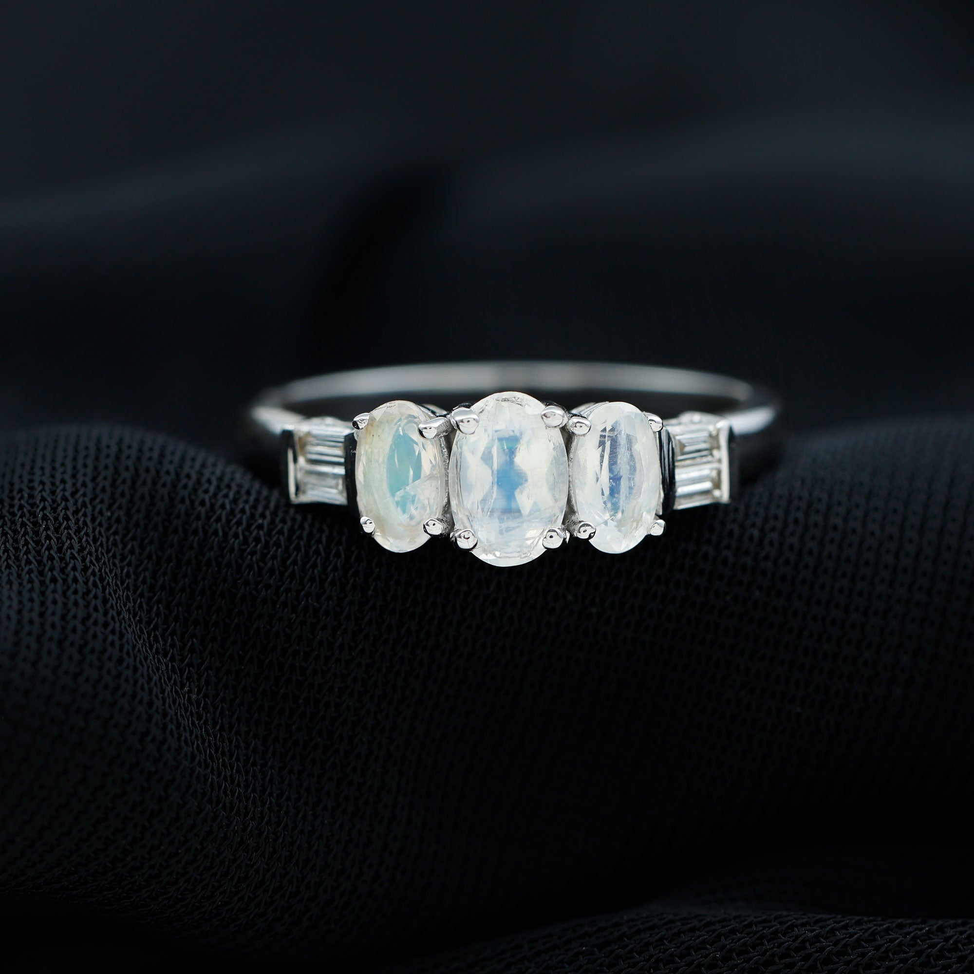 1 Carat Oval Moonstone Three Stone Anniversary Ring