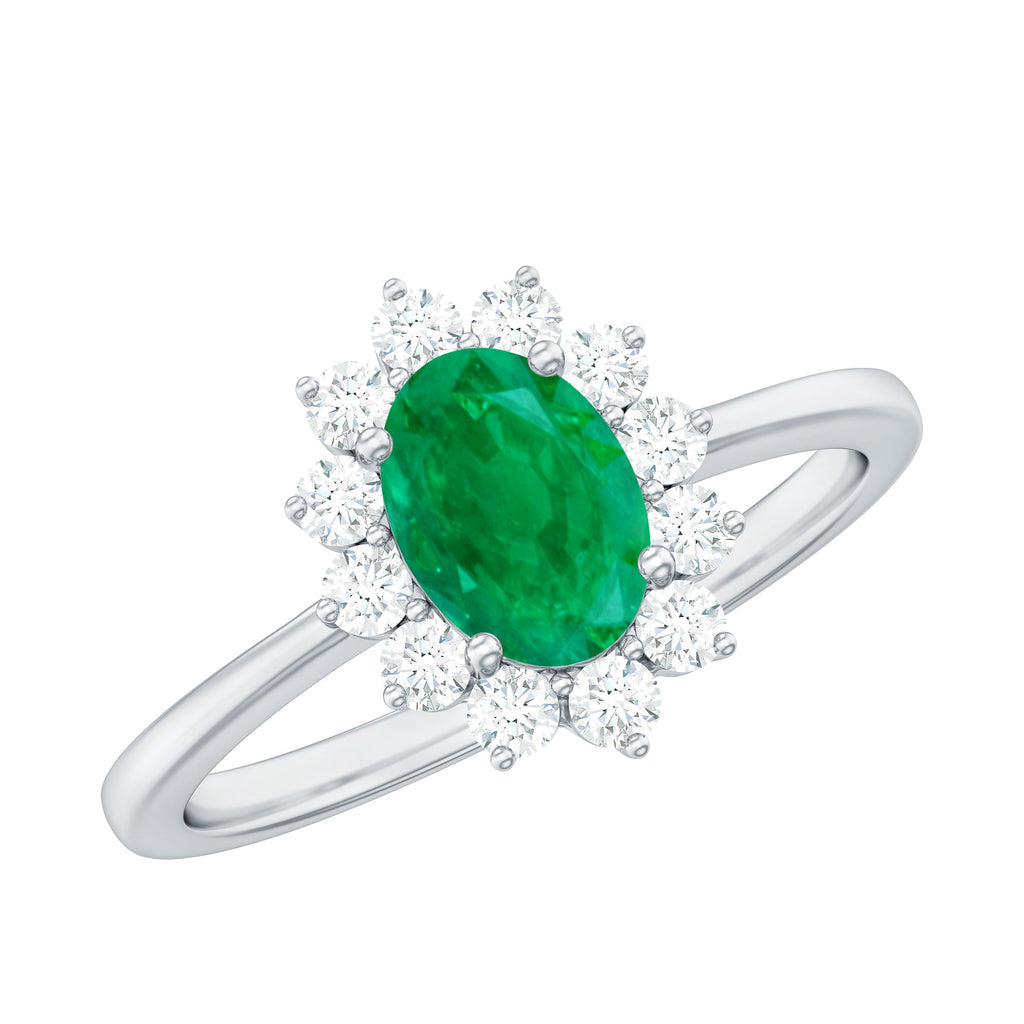 Natural 5X7mm Emerald Oval Engagement Ring with Diamond Halo