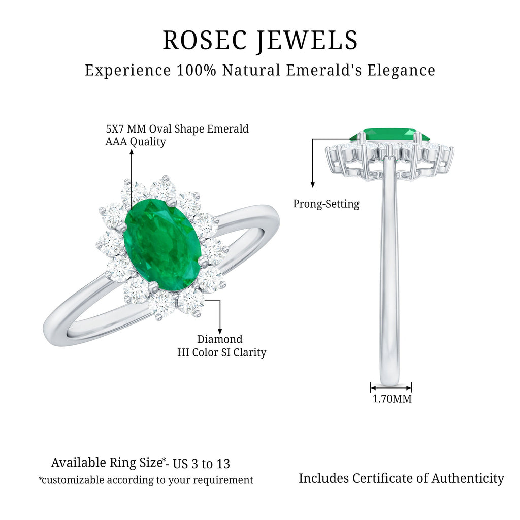 Natural 5X7mm Emerald Oval Engagement Ring with Diamond Halo