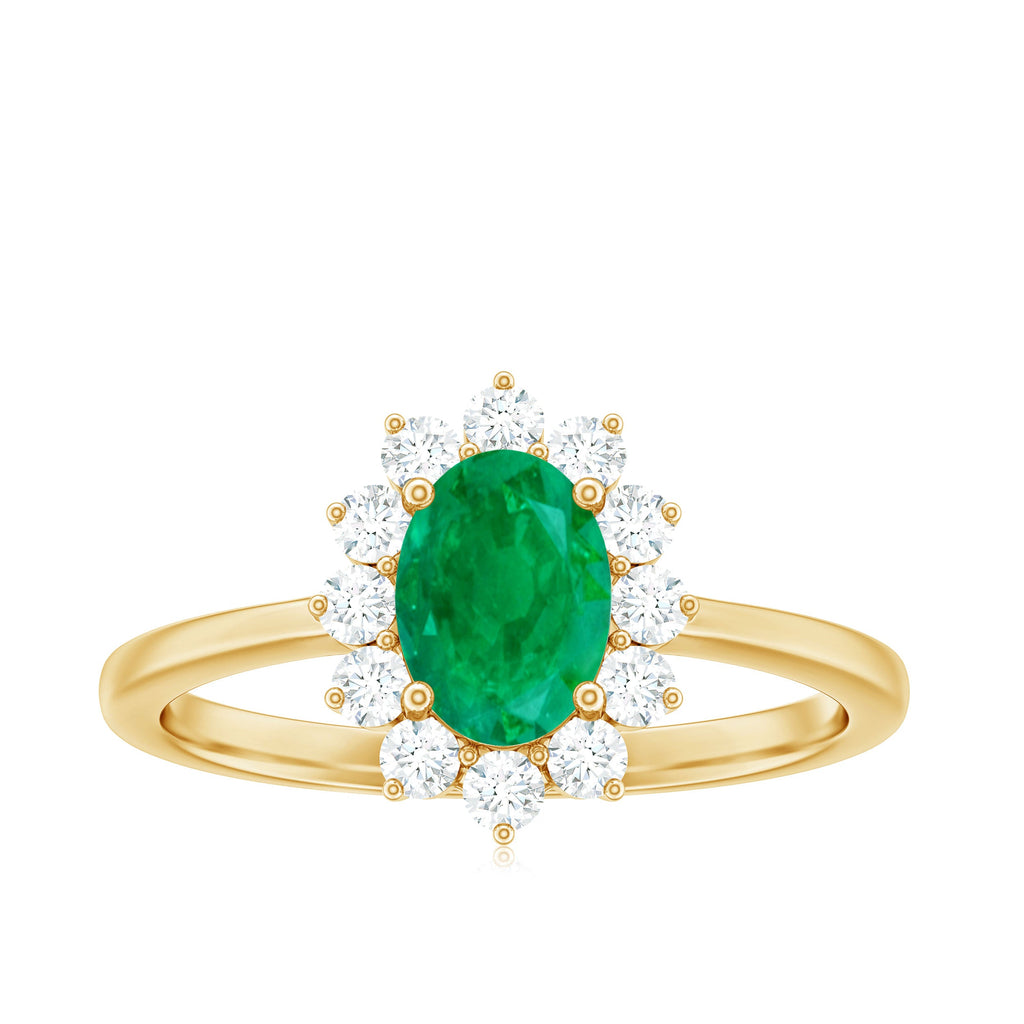 Natural 5X7mm Emerald Oval Engagement Ring with Diamond Halo
