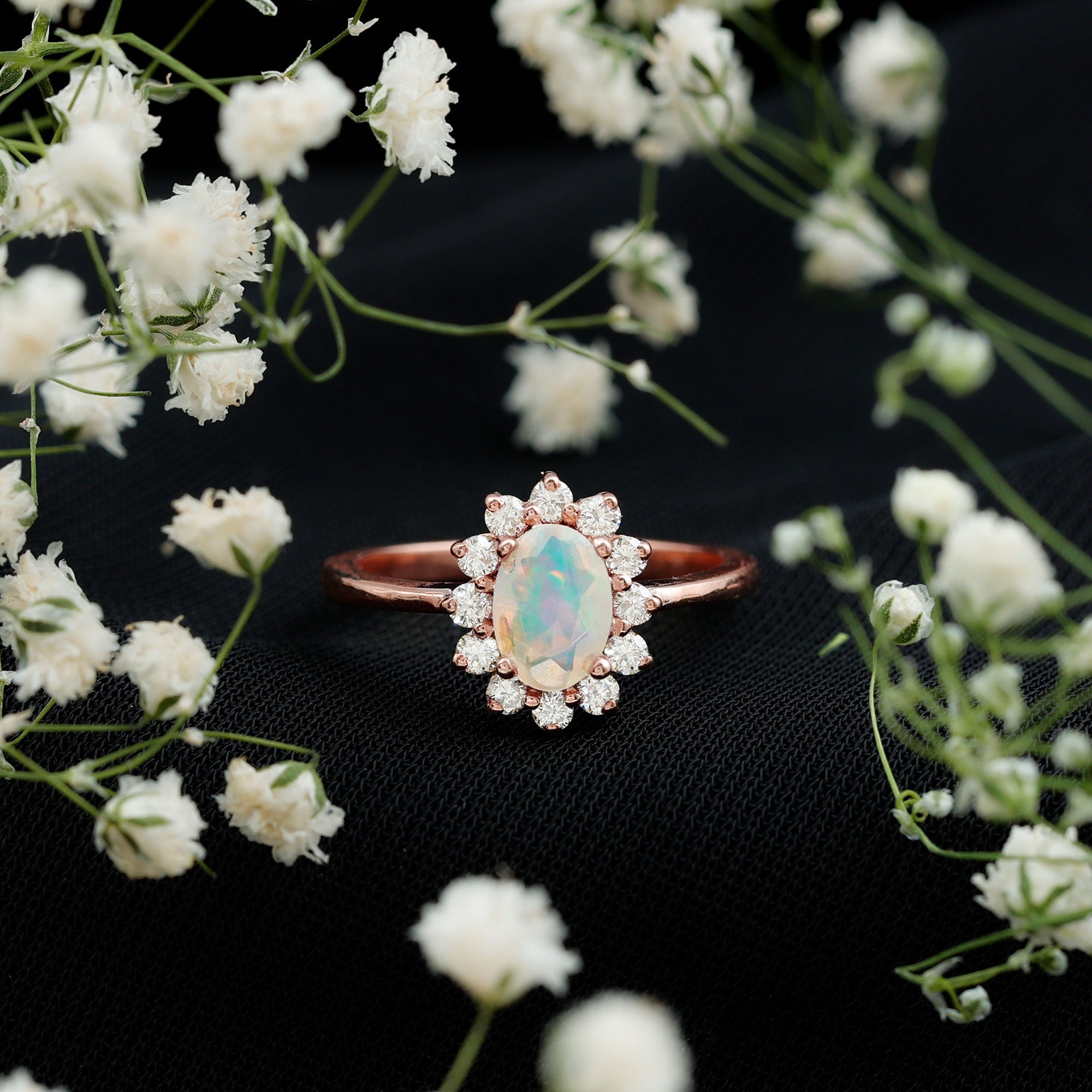 Certified Real Ethiopian Opal Oval Engagement Ring with Diamond Halo