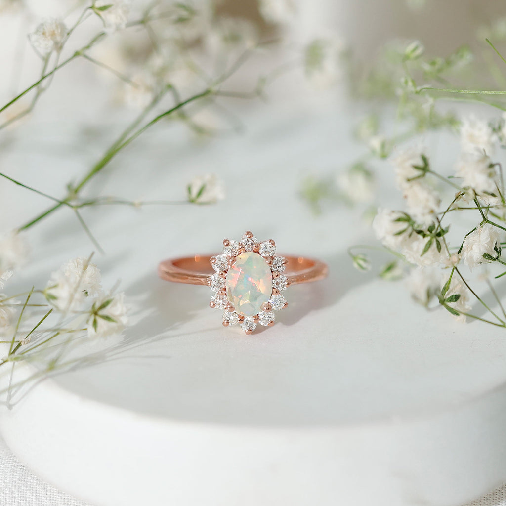 Certified Real Ethiopian Opal Oval Engagement Ring with Diamond Halo
