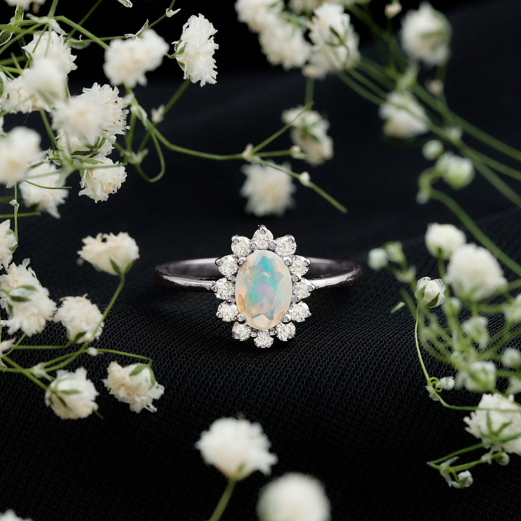 Certified Real Ethiopian Opal Oval Engagement Ring with Diamond Halo