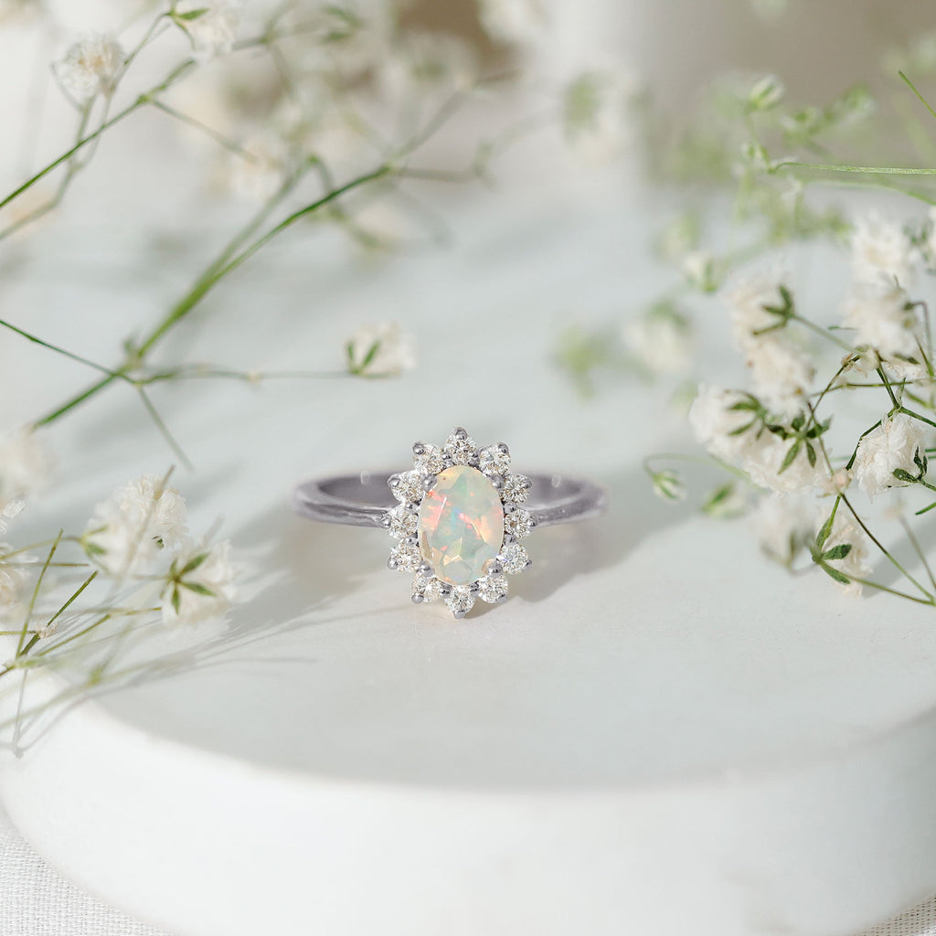 Certified Real Ethiopian Opal Oval Engagement Ring with Diamond Halo
