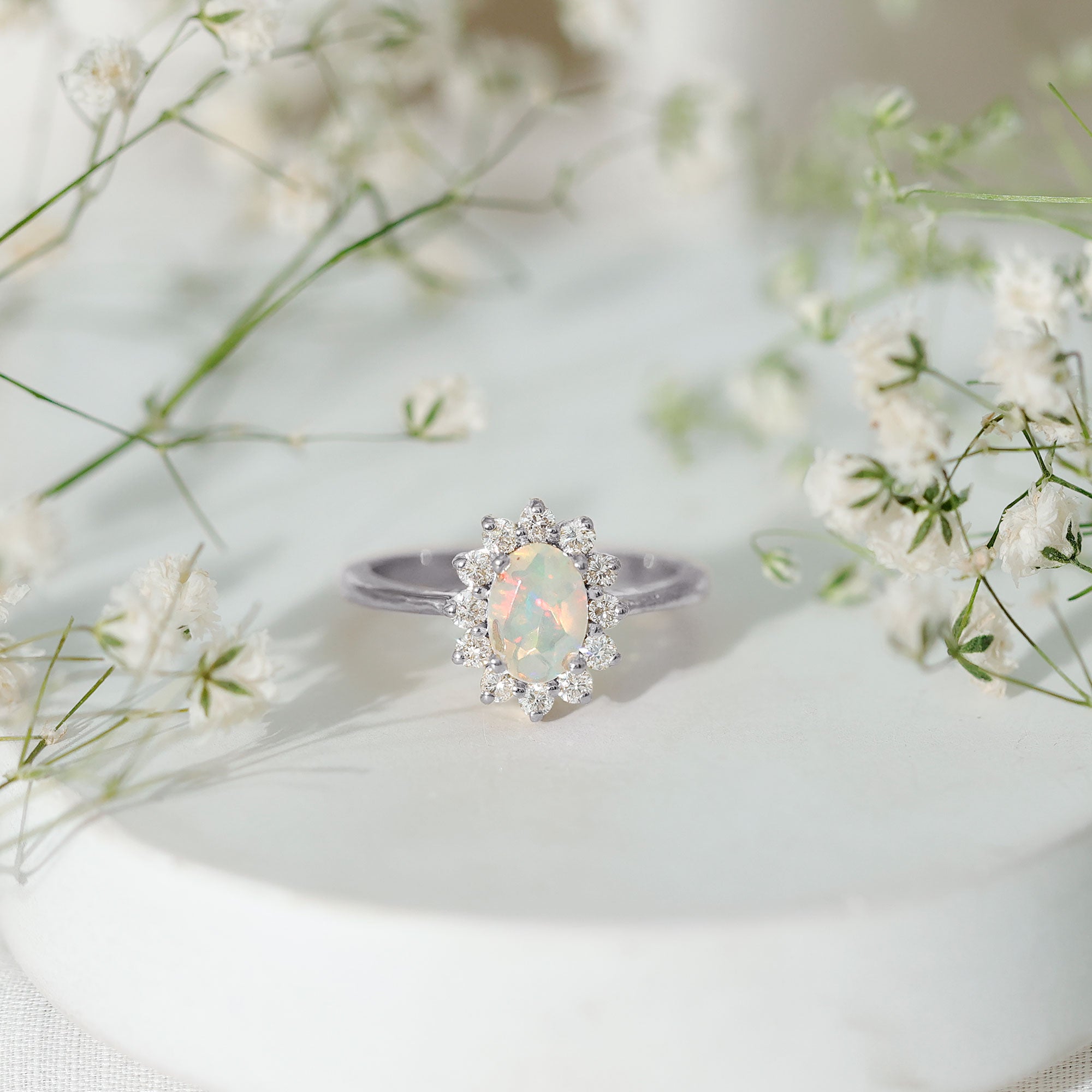 Certified Real Ethiopian Opal Oval Engagement Ring with Diamond Halo