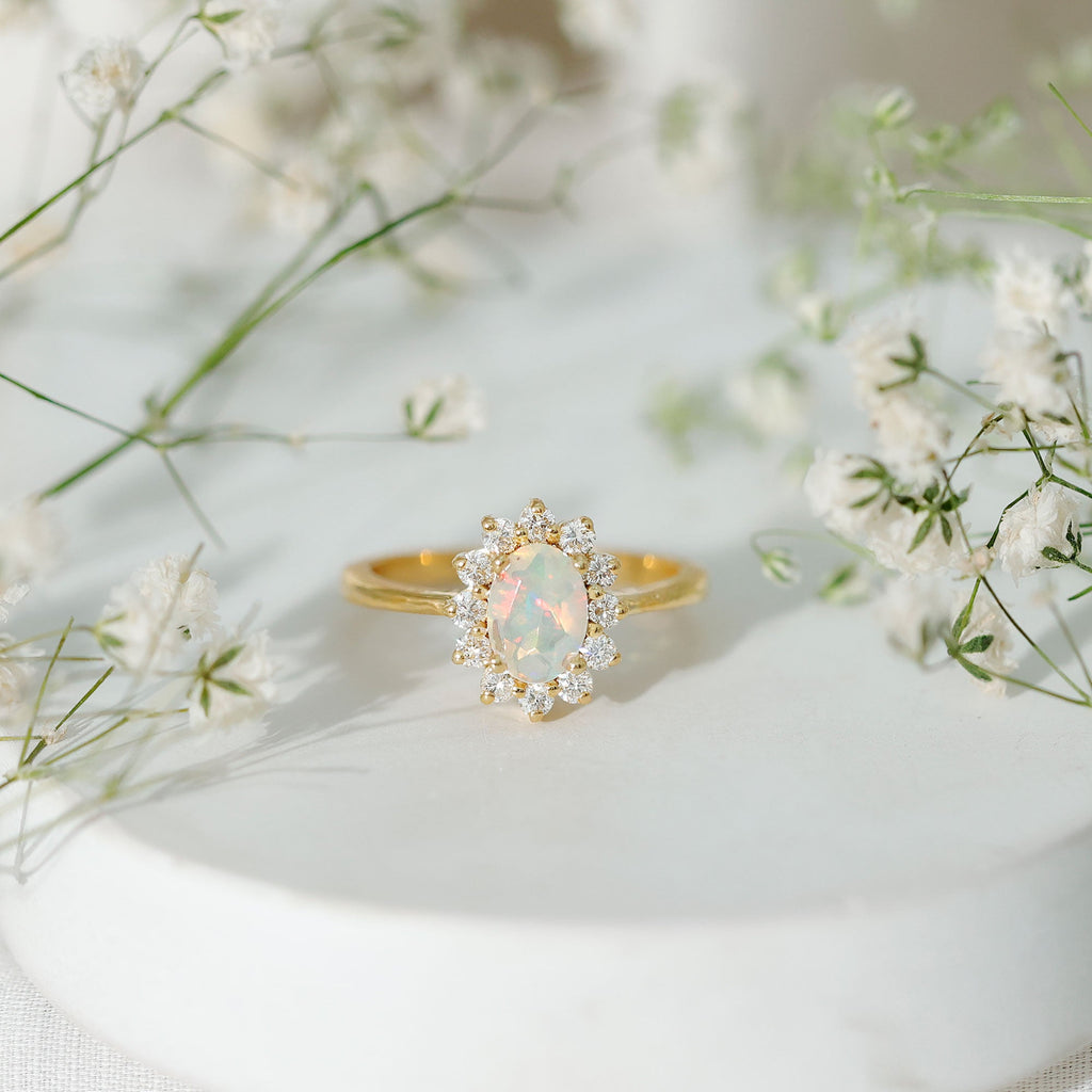 Certified Real Ethiopian Opal Oval Engagement Ring with Diamond Halo