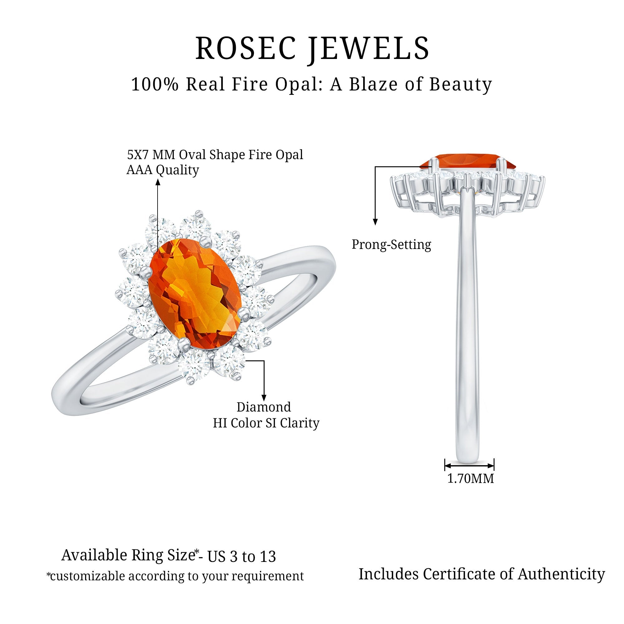 1 CT Princess Diana Inspired Fire Opal and Diamond Engagement Ring