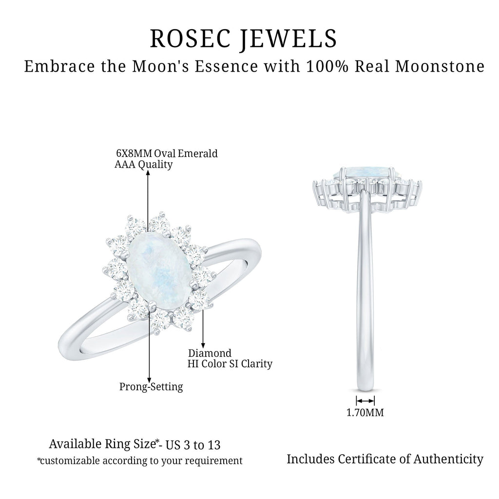 Princess Diana Inspired Moonstone Engagement Ring Diamond Halo